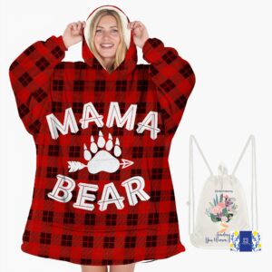 Warmstorey Mama Bear Wearable Blanket Hoodie, Buffalo Plaid Mama Bear Hooded Blanket for Mom, Christmas Gifts for Mom, Wife From Daughter, Son, Husband, Happy Birthday Mom Gift, Birthday Gift for Wife