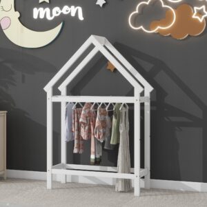 Mirightone Twin House Bed for Kids Montessori Floor Bed with Storage Shelves Twin Size Kids Bed Frame with 2 Detachable Stands Wood House Bed for Girls Boys Children, White