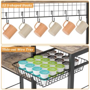 X-cosrack 5-Tier Coffee Bar Rack, Industrial Bakers Rack with Storage Shelves Hooks, Microwave Rack Organizer with Wire Basket Drawer for Kitchen, Coffee Station Pantry, (Rustic Brown)