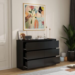 Panana Modern 6 Drawer Double Dresser, Wood Wide 6 Chest of Drawers with Deep Drawers Floor Storage Lateral Drawer Cabinet Organizer for Living Room Bedroom Home Office (Black)