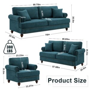 Mid Century Modern Sofa Set, 22" Extra Deep Seat juegos de muebles de sala Comfy Chenille Upholstered Living Room Furniture Sets with Rolled Arms Nailhead Trim (Lake Green, 3 Pieces A)