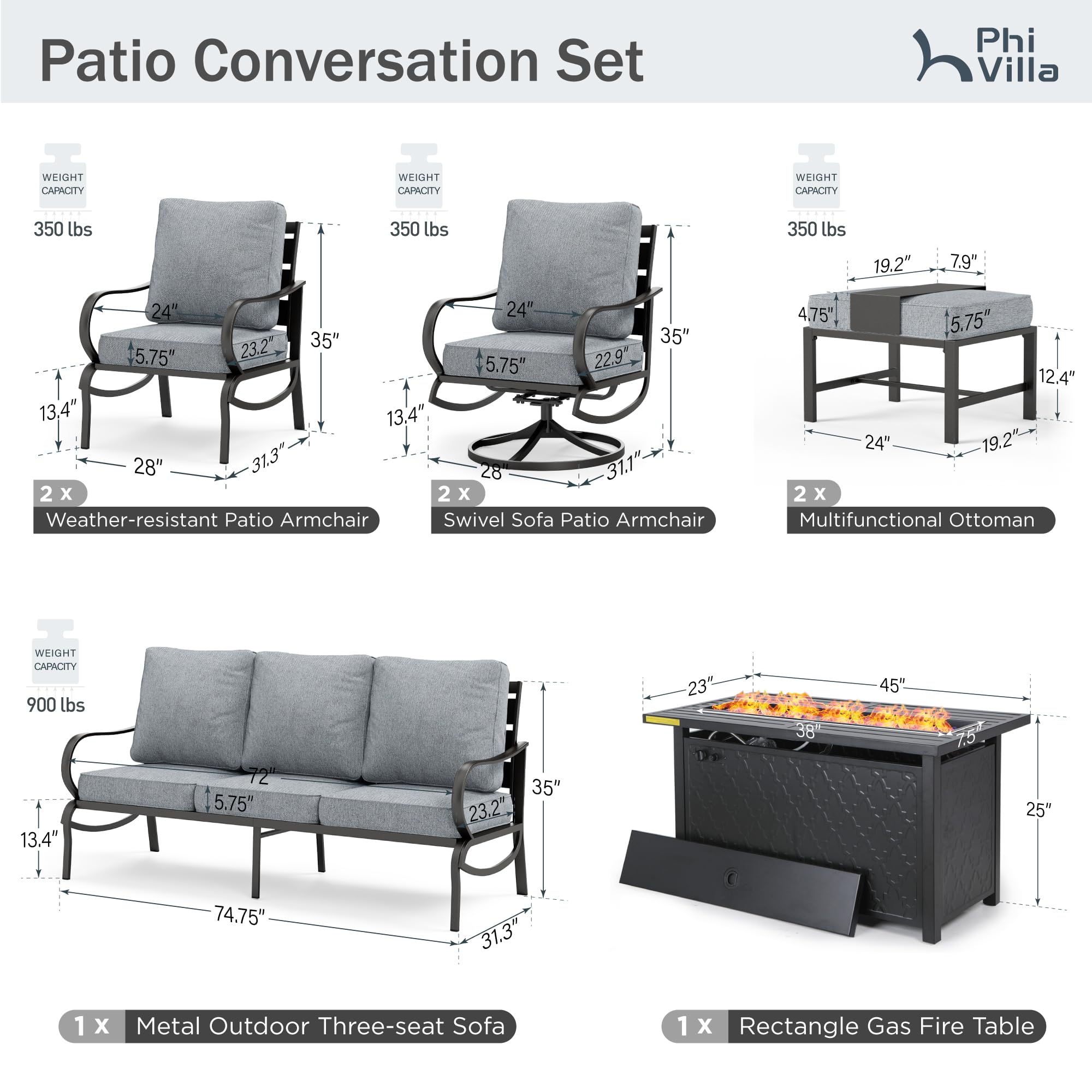 PHI VILLA 8 PCS Patio Furniture Set with Fire Pit Table,Metal Outdoor Furniture with 1 x 3-Seat Bench Sofa, 2 x Swivel Sofa Chairs, 2 x Leg Chair & 2 x Ottoman, Modern Patio Set, Grey