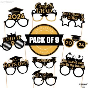 KatchOn, Graduation Photo Booth Props 2024 - Pack of 9 | Black and Gold Graduation Glasses Class of 2024 | Graduation Party Glasses for Graduation Party Decorations 2024 | Graduation Party Favors 2024