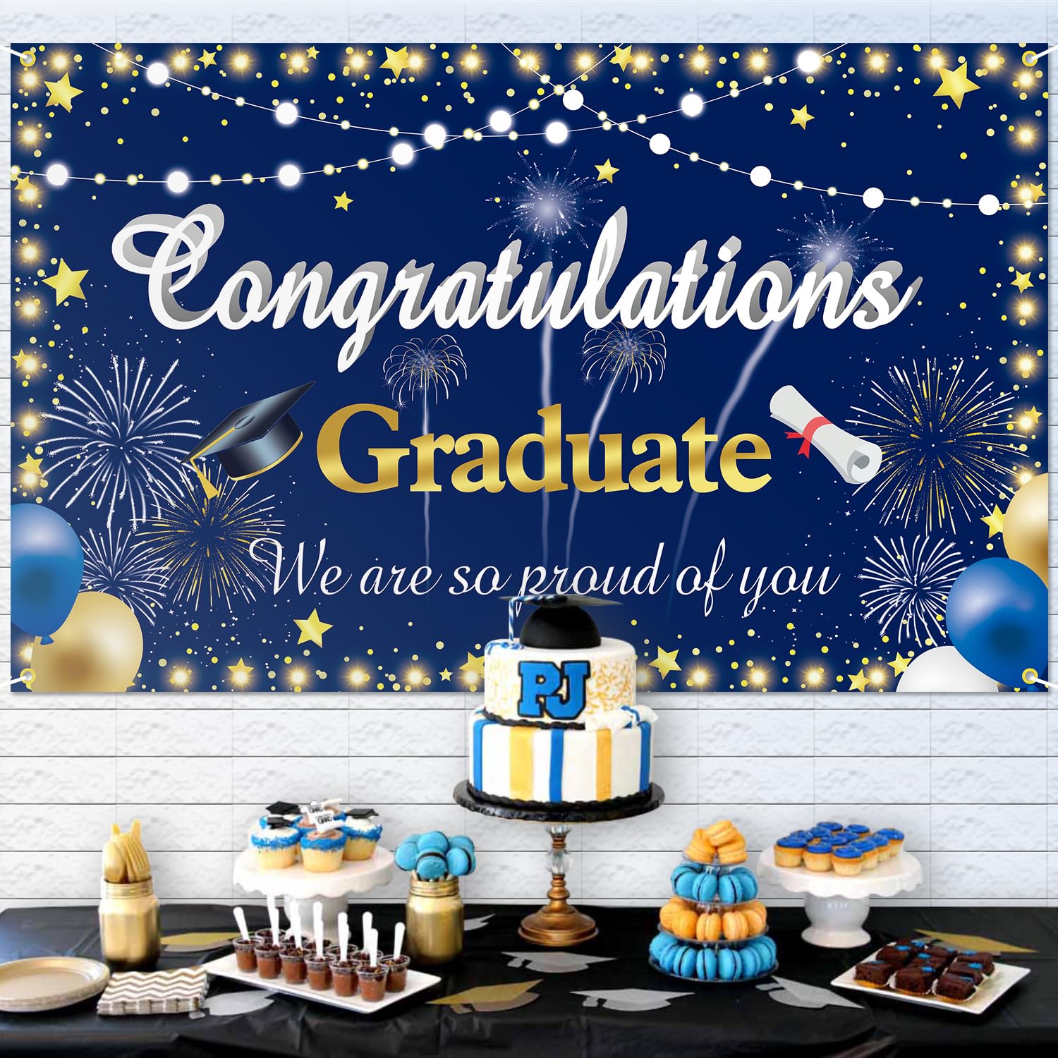 Graduation Backdrop 2024 Congrats Grad Banner Blue Gold Graduation Banner.Class of 2024 Graduation Decorations Photography Background.