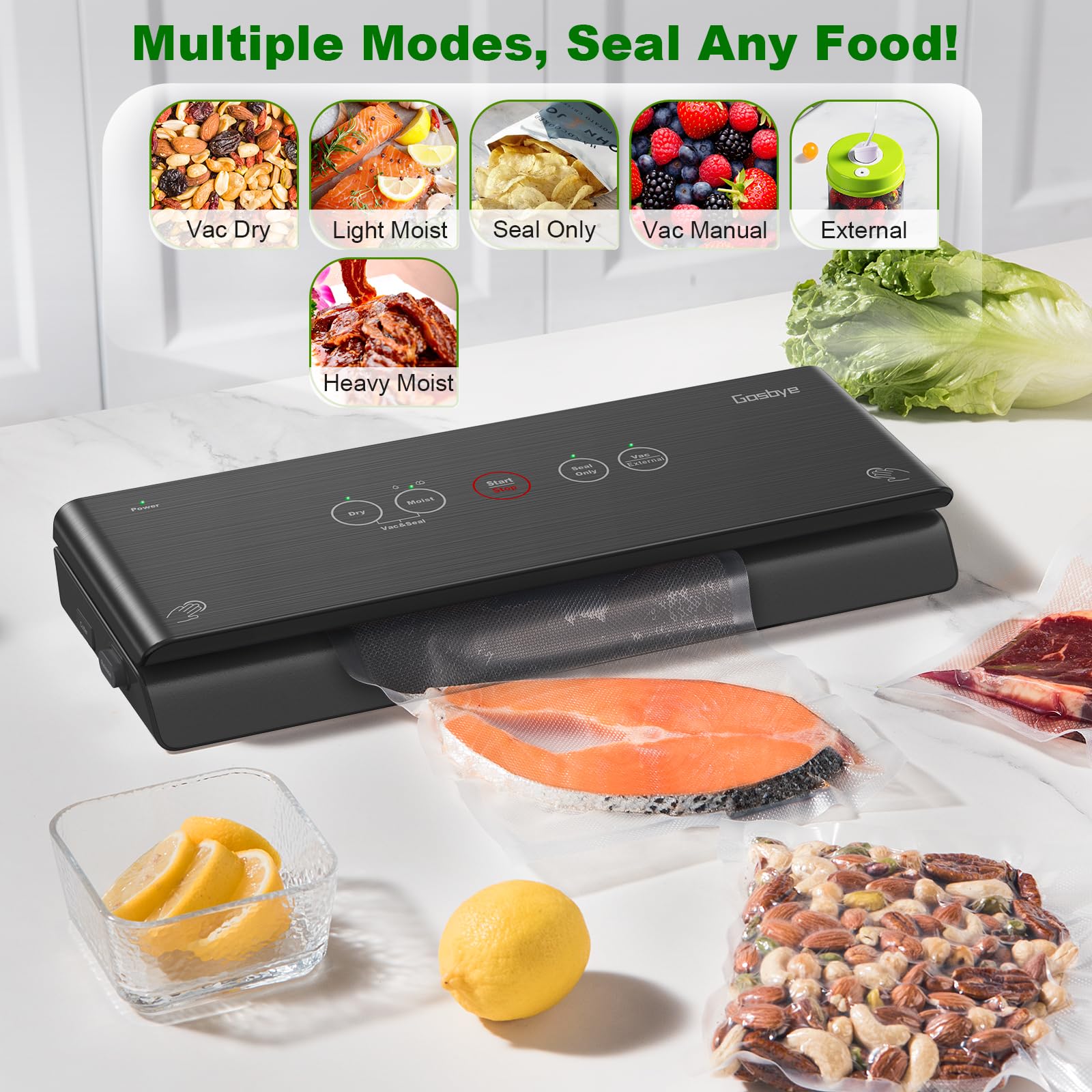 Gasbye 2-Pump Vacuum Sealer Machine, [2X Suction Power] Food Sealer for Dry, Wet Food, Sous Vide, 44Pcs Precut Bags Included, Easy-to-Clean Removable Drip Tray, Durable Silicone Gaskets, Matte Black