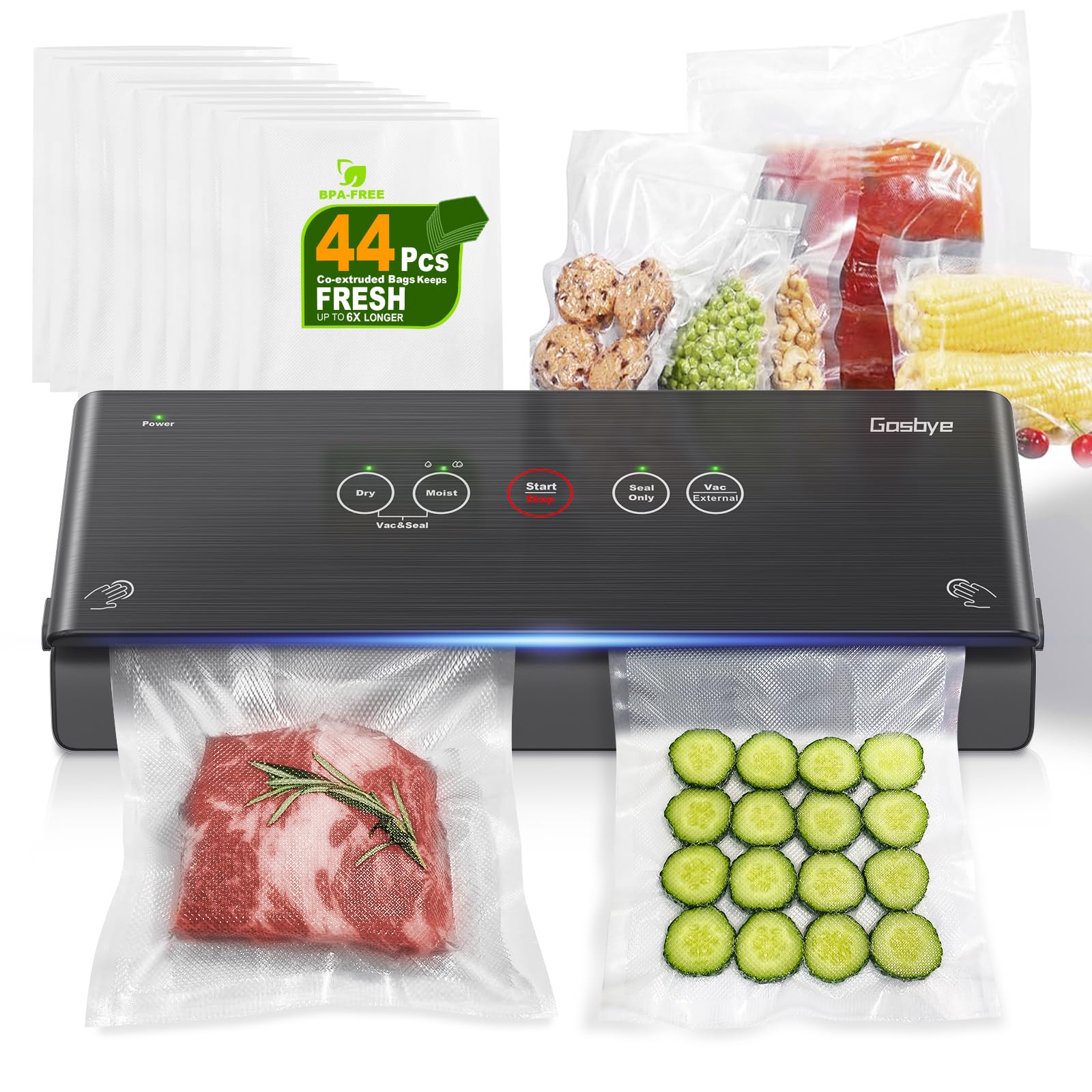 Gasbye 2-Pump Vacuum Sealer Machine, [2X Suction Power] Food Sealer for Dry, Wet Food, Sous Vide, 44Pcs Precut Bags Included, Easy-to-Clean Removable Drip Tray, Durable Silicone Gaskets, Matte Black