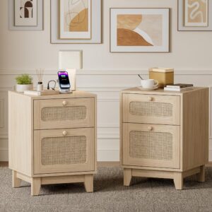 callales modern wicker rattan stand,rattan stand with drawer and charge station, wooden side end table for small spaces, natural wood bedsidetable for bedroom,easy assembly (with charging station, 2)