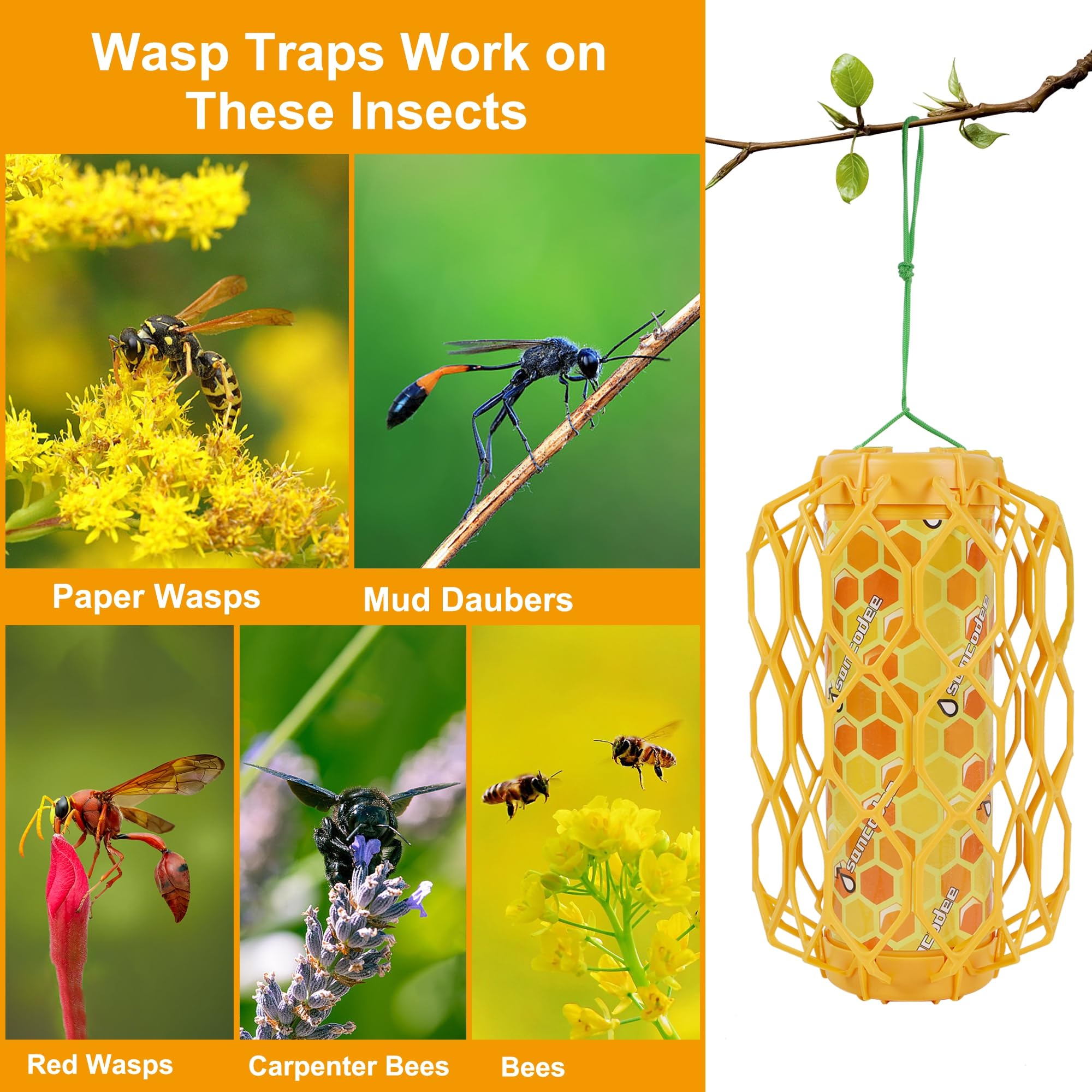 Sancodee 4 Pcs Wasp Trap Outdoor Hanging, Insect Catcher for Wasps and Carpenter Bees, Bee Killer Sticky Bug Boards Yellow Jacket Trap with Bait Reservoir, Non-Toxic Reusable Wasp Hornet Trap (Orange)