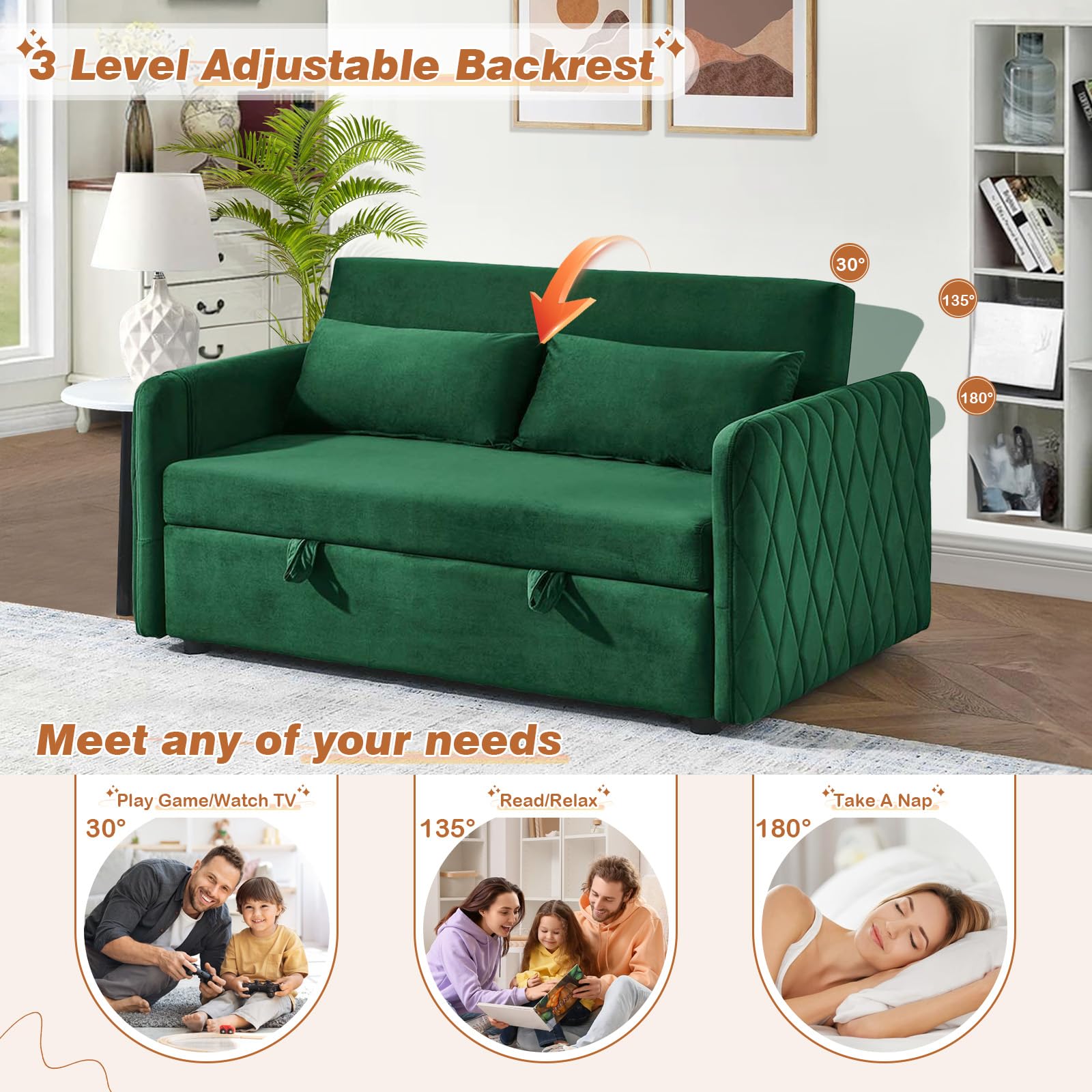 JEEOHEY 3 in 1 Convertible Sleeper Sofa Couch with Pull Out Bed,55" Modern Velvet Sofa Bed with Ajustable Backrest & Side Pocket,Tufted Loveseat Chaise Lounge for Livingroom,Office,Small Palces(Green)