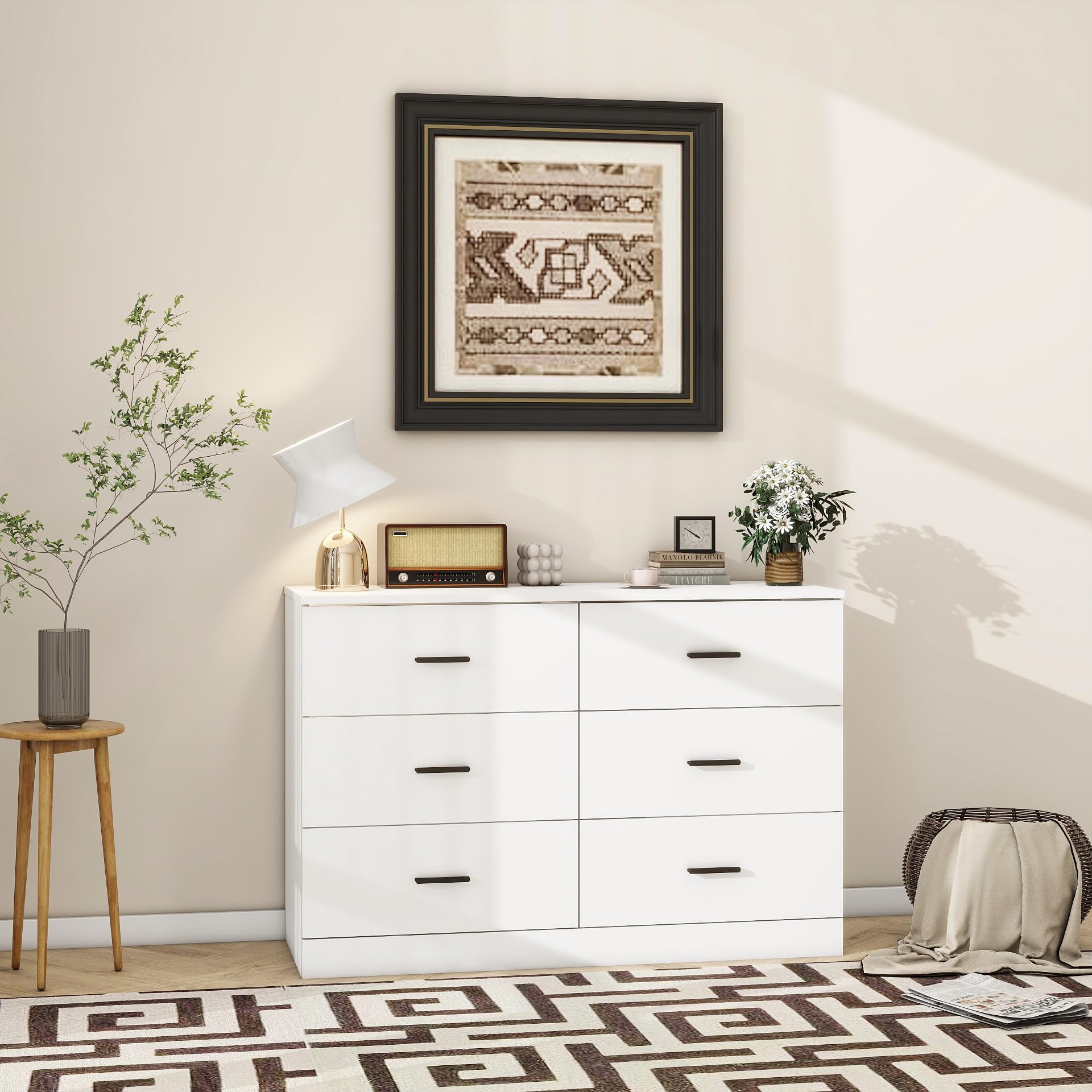 Modern 6 Drawer Dresser for Bedroom, Wood Wide Chest of Drawers Floor Storage Lateral Drawer Cabinet Organizer with Metal Handles for Home Office (White)