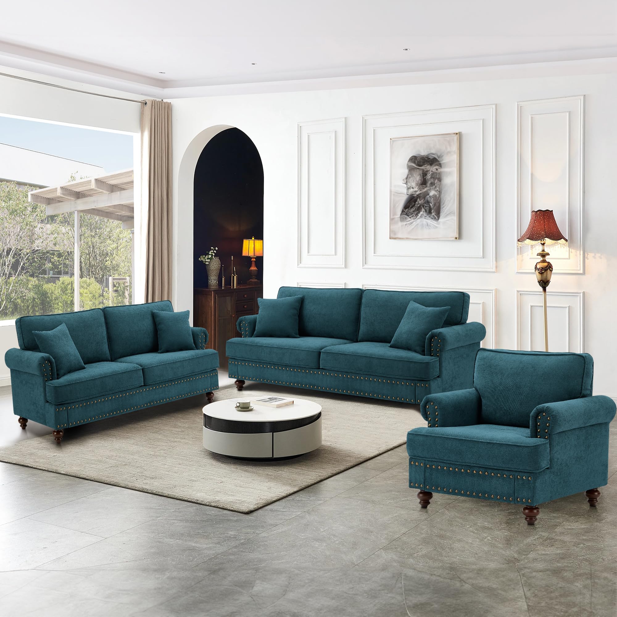 Mid Century Modern Sofa Set, 22" Extra Deep Seat juegos de muebles de sala Comfy Chenille Upholstered Living Room Furniture Sets with Rolled Arms Nailhead Trim (Lake Green, 3 Pieces A)