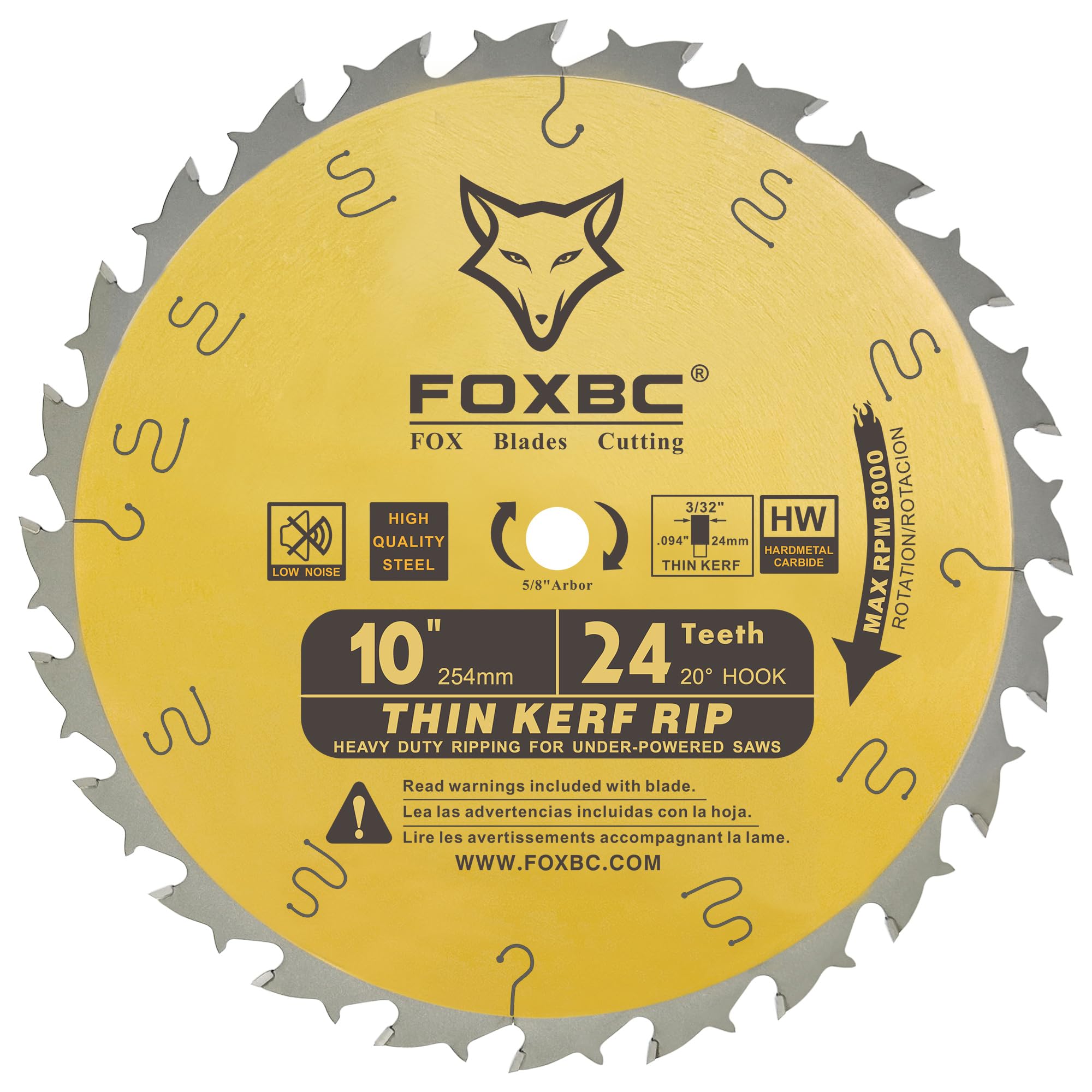 FOXBC 10-Inch Thin Kerf Ripping Table Saw Blade for Wood Cutting, 24-Tooth ATB, 5/8-Inch Arbor