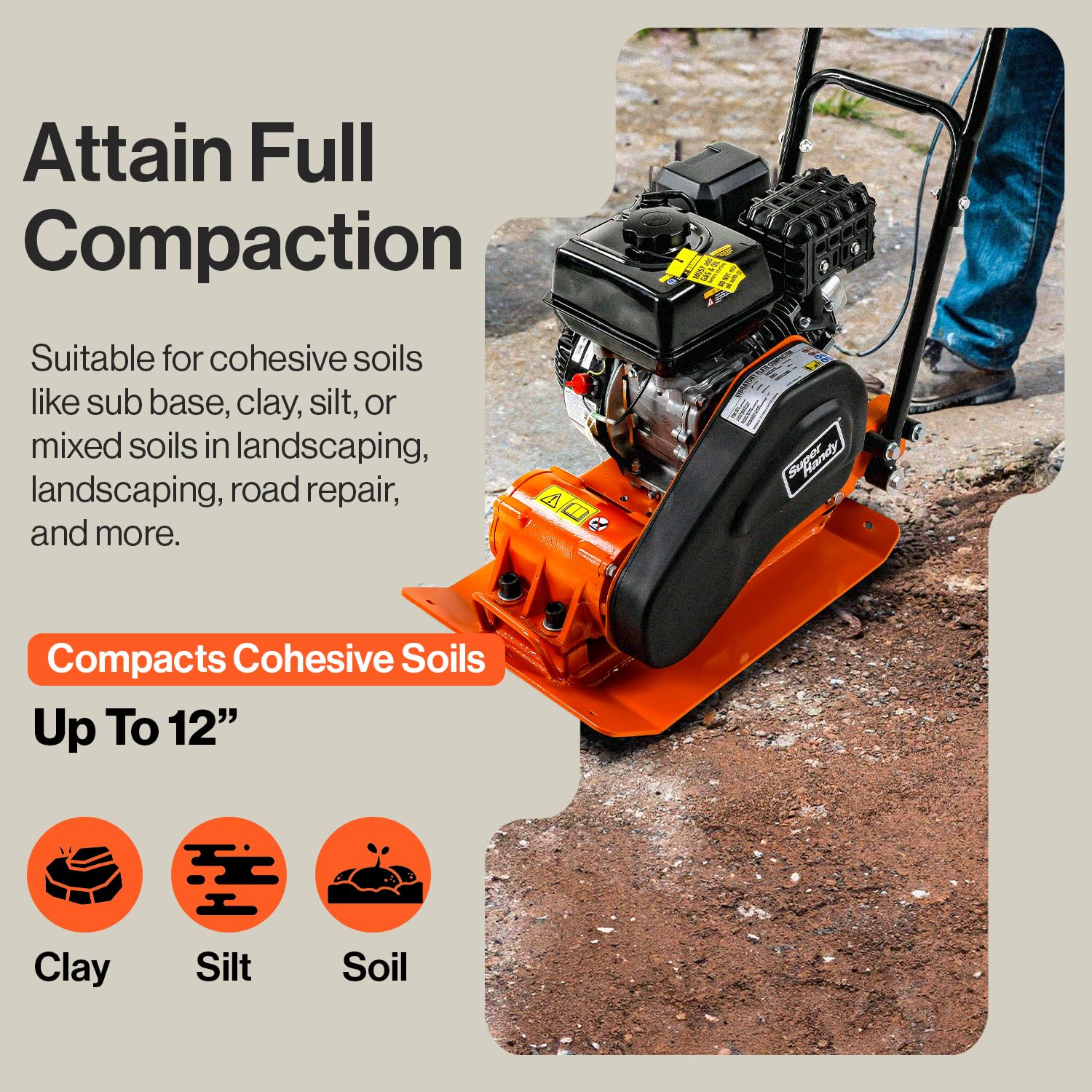 SuperHandy Plate Compactor - 7HP 4-Stroke Gas Engine, 5500VPM, 4200lbs Impact, 20x15 Inch Base - Ideal for Asphalt, Sand, Slopes