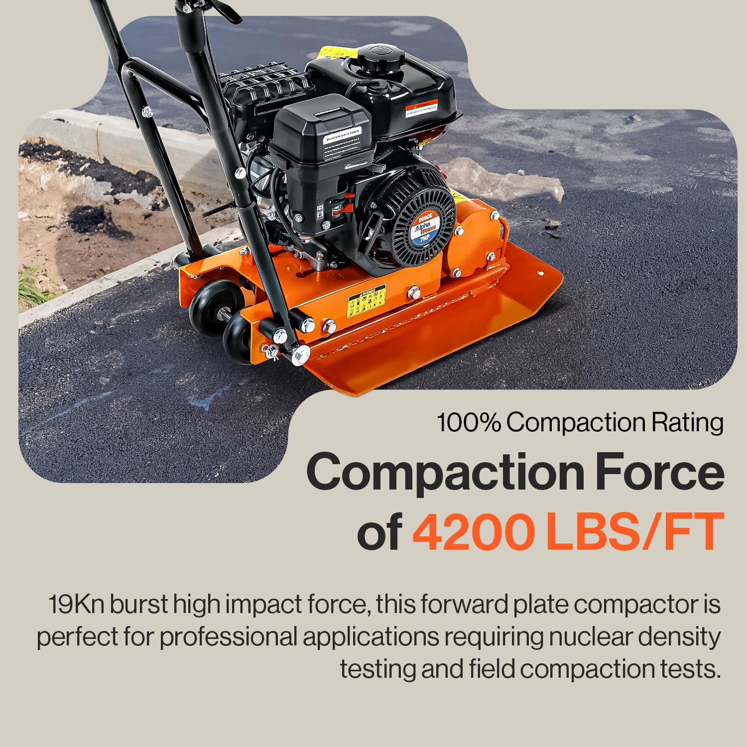 SuperHandy Plate Compactor - 7HP 4-Stroke Gas Engine, 5500VPM, 4200lbs Impact, 20x15 Inch Base - Ideal for Asphalt, Sand, Slopes