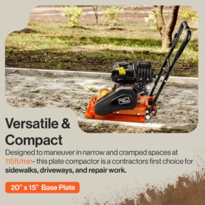 SuperHandy Plate Compactor - 7HP 4-Stroke Gas Engine, 5500VPM, 4200lbs Impact, 20x15 Inch Base - Ideal for Asphalt, Sand, Slopes