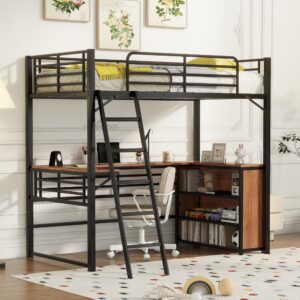 twin size metal loft bed with l-shaped desk,heavy duty metal loft bed with 3 tier shelves for kids teens adults,high loft bed frame, space saving(twin,black)