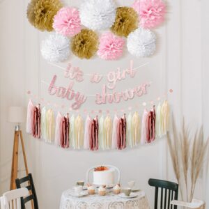 Kiwayo Baby Shower Decorations for Girl- Rose Gold Glitter Banner, Tissue Paper Poms, Round Dots Garland and Tassels Garland- Baby Girl Gender Reveal Birthday Party Decorations