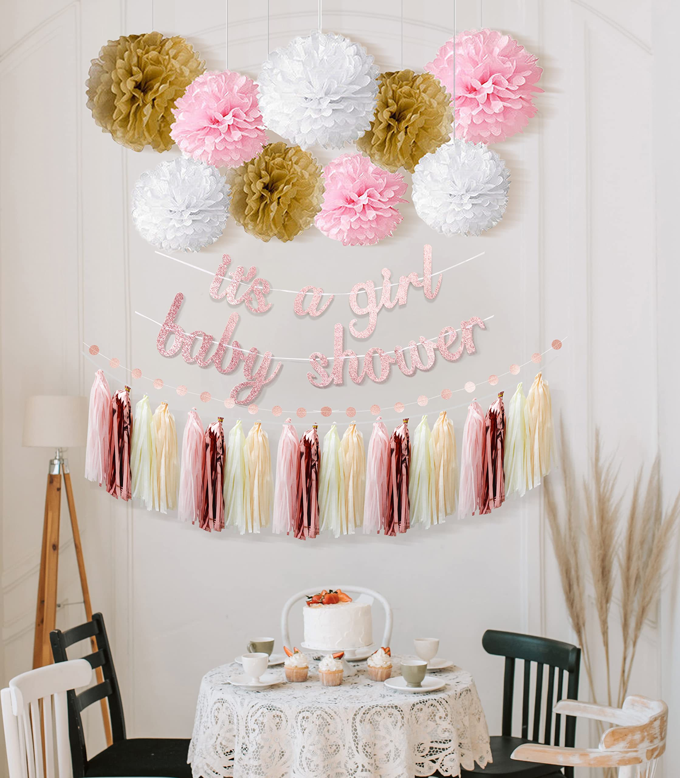 Kiwayo Baby Shower Decorations for Girl- Rose Gold Glitter Banner, Tissue Paper Poms, Round Dots Garland and Tassels Garland- Baby Girl Gender Reveal Birthday Party Decorations