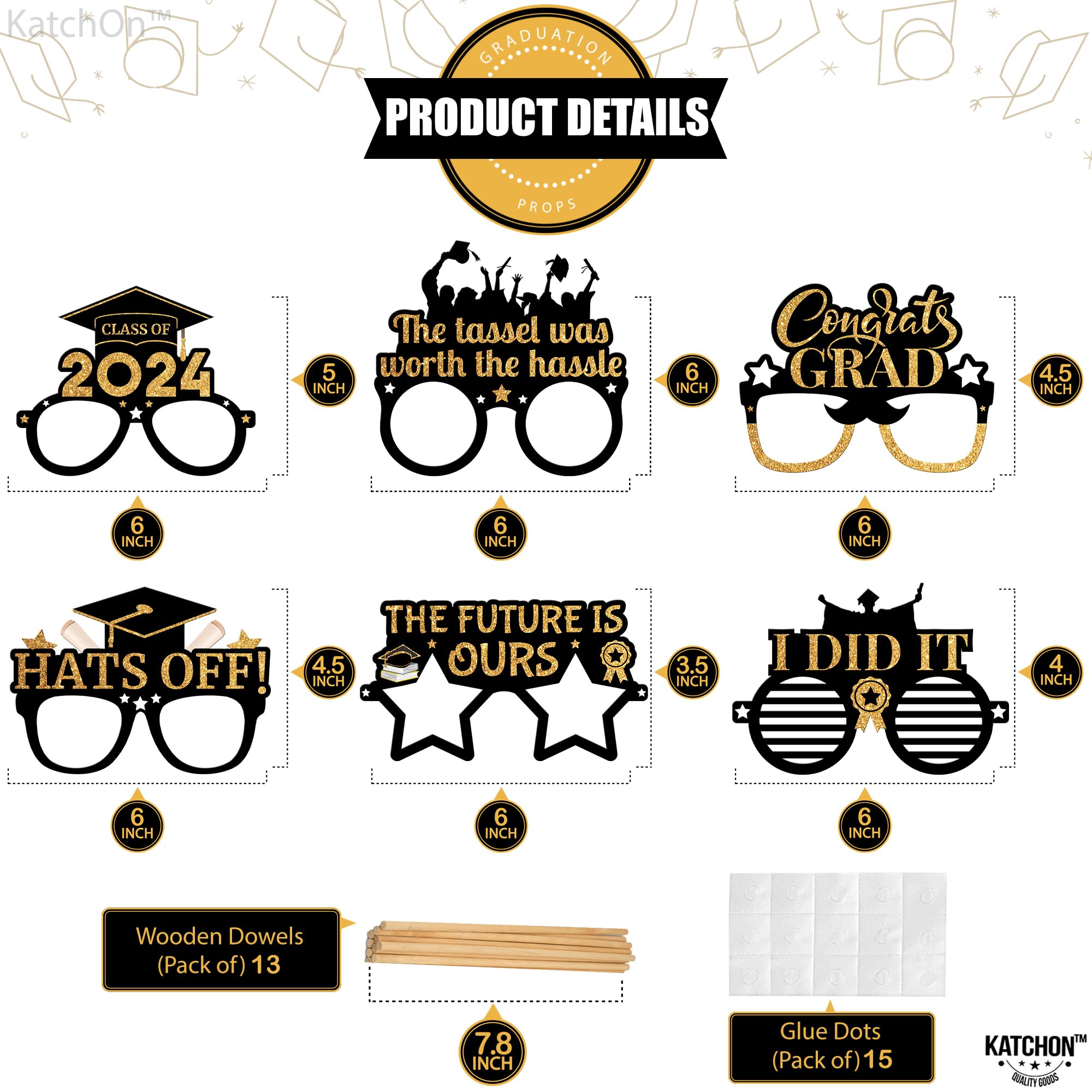 KatchOn, Graduation Photo Booth Props 2024 - Pack of 9 | Black and Gold Graduation Glasses Class of 2024 | Graduation Party Glasses for Graduation Party Decorations 2024 | Graduation Party Favors 2024