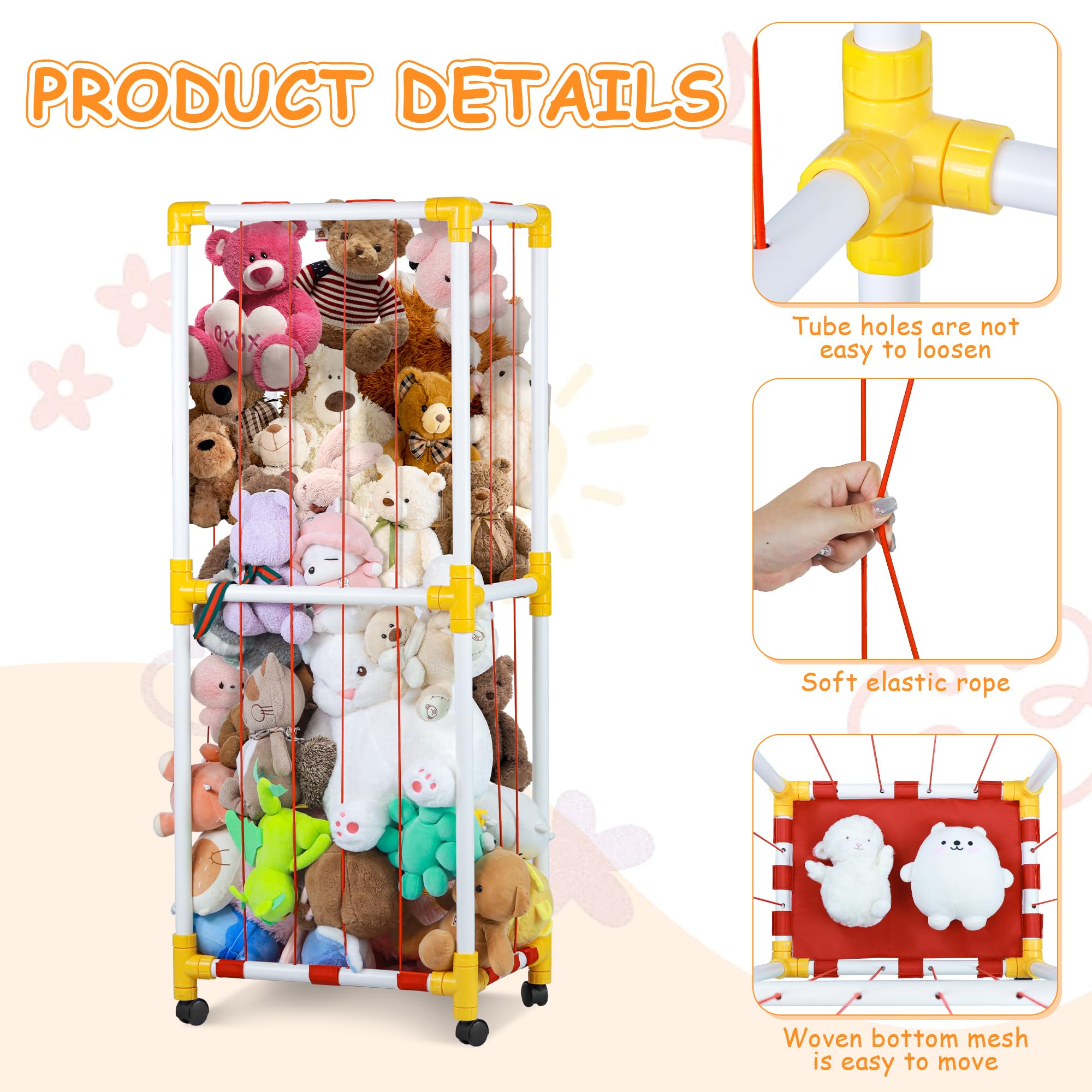 Display Riser Upgrade Stuffed Animal Storage, Large Stuffed Animal Organizer with Elastic Band and Net, Space Save Plush Toy Holder, PVC Stuffed Animal Zoo Cage for Nursery Play Room