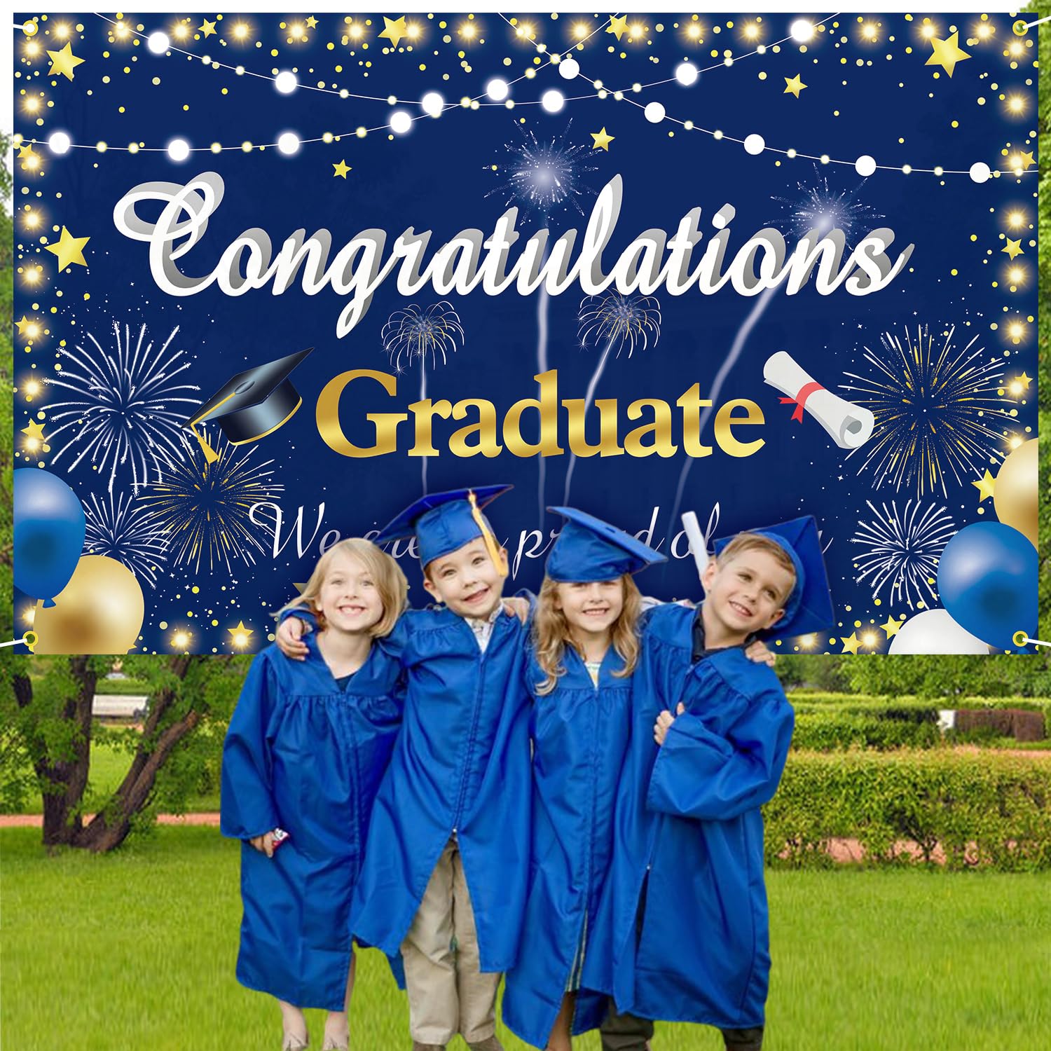 Graduation Backdrop 2024 Congrats Grad Banner Blue Gold Graduation Banner.Class of 2024 Graduation Decorations Photography Background.