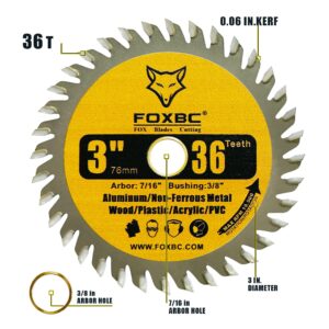 FOXBC 3 Inch Carbide Circular Saw Blade 36 Tooth for Wood, Plastic, PVC, Acrylic, Aluminum with 7/16" Arbor, 3/8" Bushing - 3 Pack