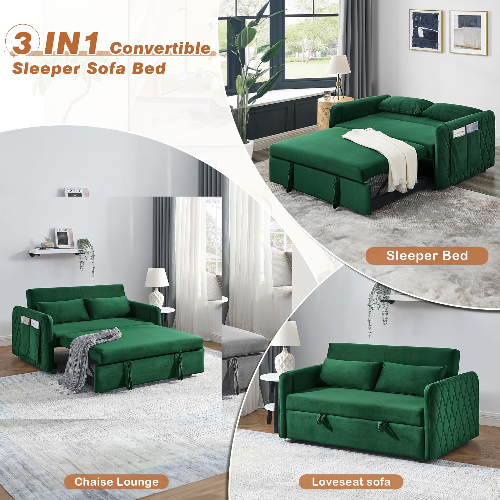 JEEOHEY 3 in 1 Convertible Sleeper Sofa Couch with Pull Out Bed,55" Modern Velvet Sofa Bed with Ajustable Backrest & Side Pocket,Tufted Loveseat Chaise Lounge for Livingroom,Office,Small Palces(Green)