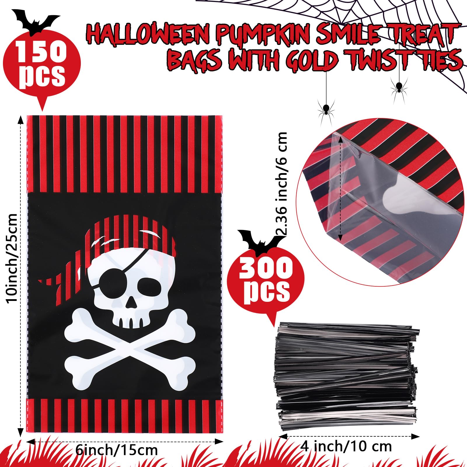 Outus 150 Pcs Halloween Cellophane Treat Bags Halloween Cellophane Bag Block Bottom Halloween Candy Bags with 300 Pcs Twist Ties for Snacks Cookies Halloween Party Favor Supplies (Skeleton)