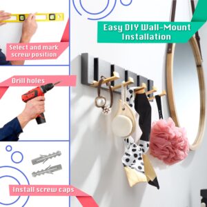 GRATIAM Coat Rack Wall Mount with 5 Gold Hooks, Space-Saving Organizer for Hats, Bags, Jackets, Umbrella, Scarves, Designer Home Decor for Entryway, Bathroom, Bedroom (Black+Gold, 5 Hooks)