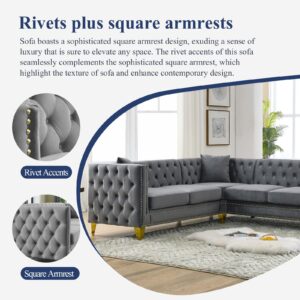 Rumiiro Velvet Corner Sofa, 82.2'' Comfy L-Shaped Sofa, Modern 5 Seater Sectional Couch with Button Tufted Back, Soft Plush Upholstered Couch for Living Room Bedroom Apartment Office（Gray）