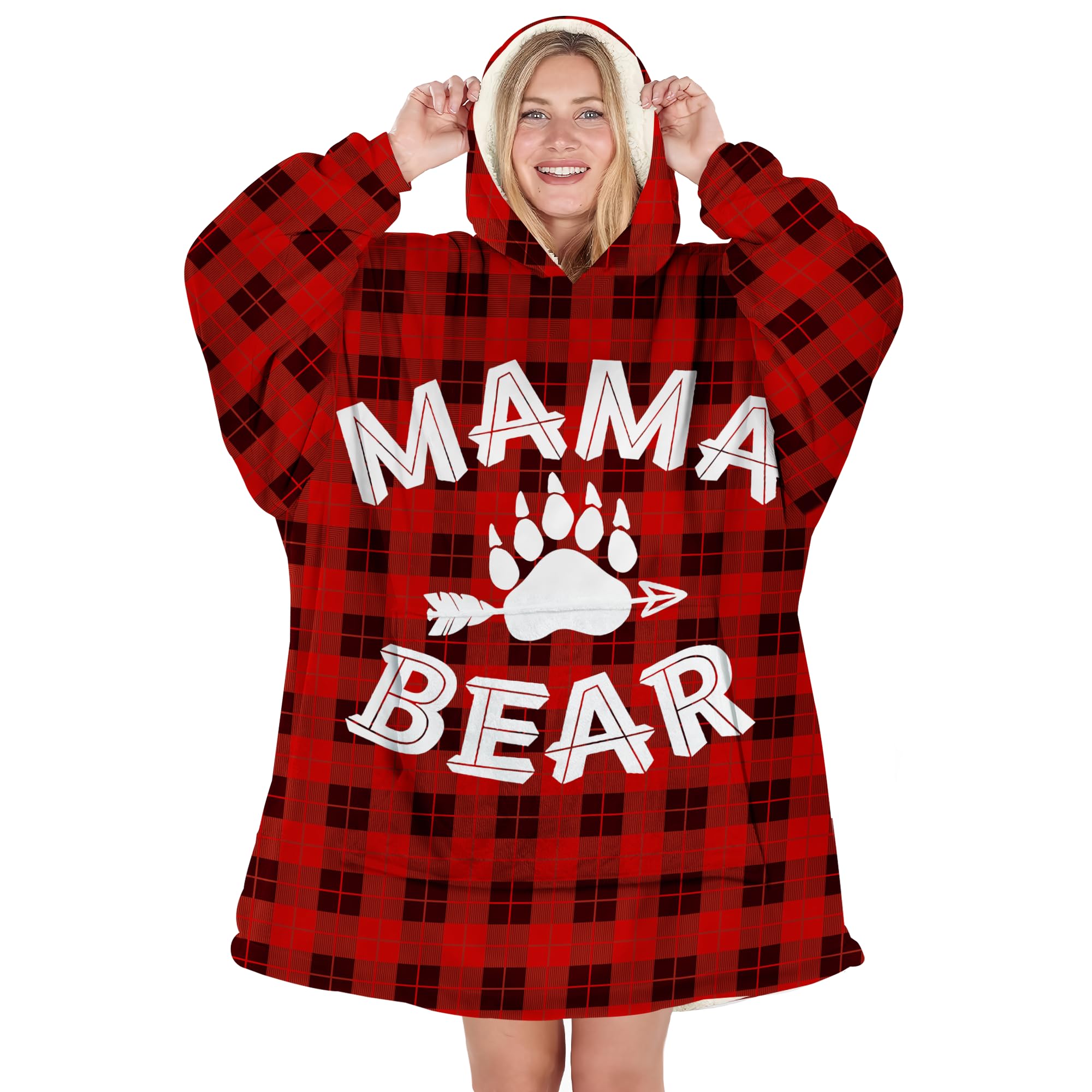 Warmstorey Mama Bear Wearable Blanket Hoodie, Buffalo Plaid Mama Bear Hooded Blanket for Mom, Christmas Gifts for Mom, Wife From Daughter, Son, Husband, Happy Birthday Mom Gift, Birthday Gift for Wife