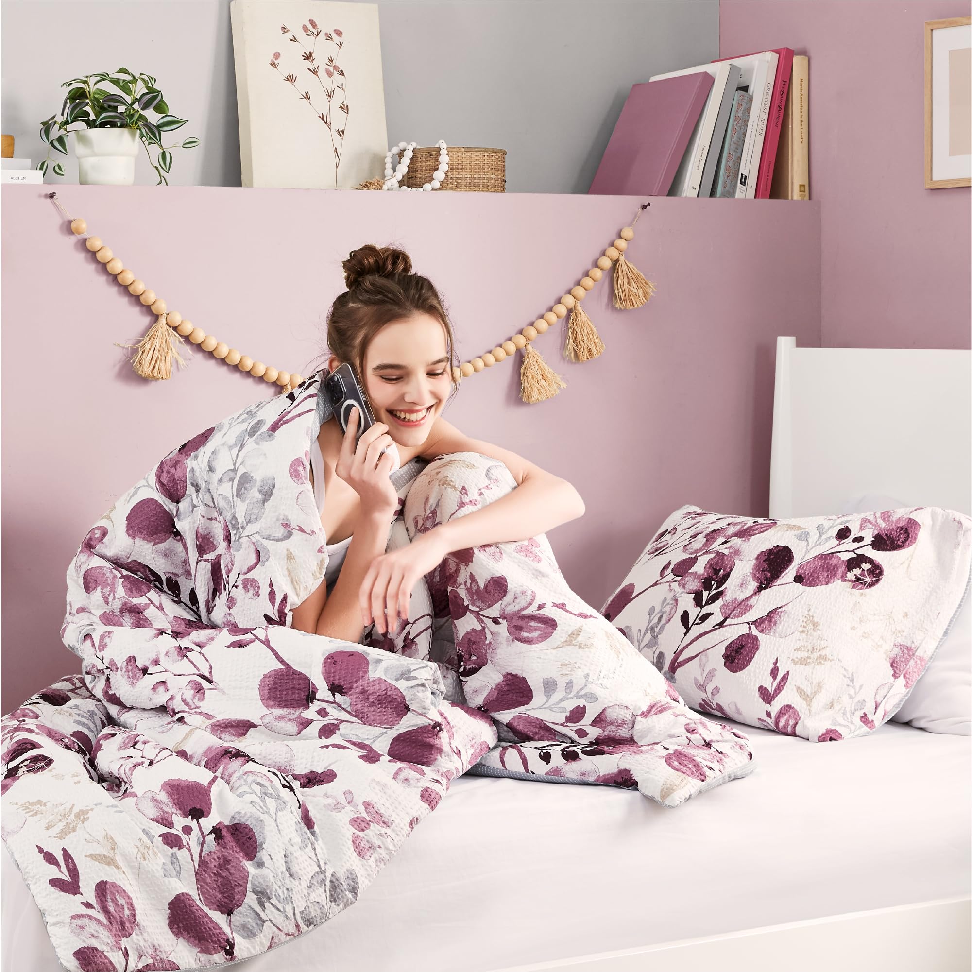 Codi Floral Twin Comforter Set for Teen Girls, Spring Lavender Bedding Sets with Soft Seersucker 2pcs - 1 Flower Comforters and 1 Pillows Case, Lilac Purple