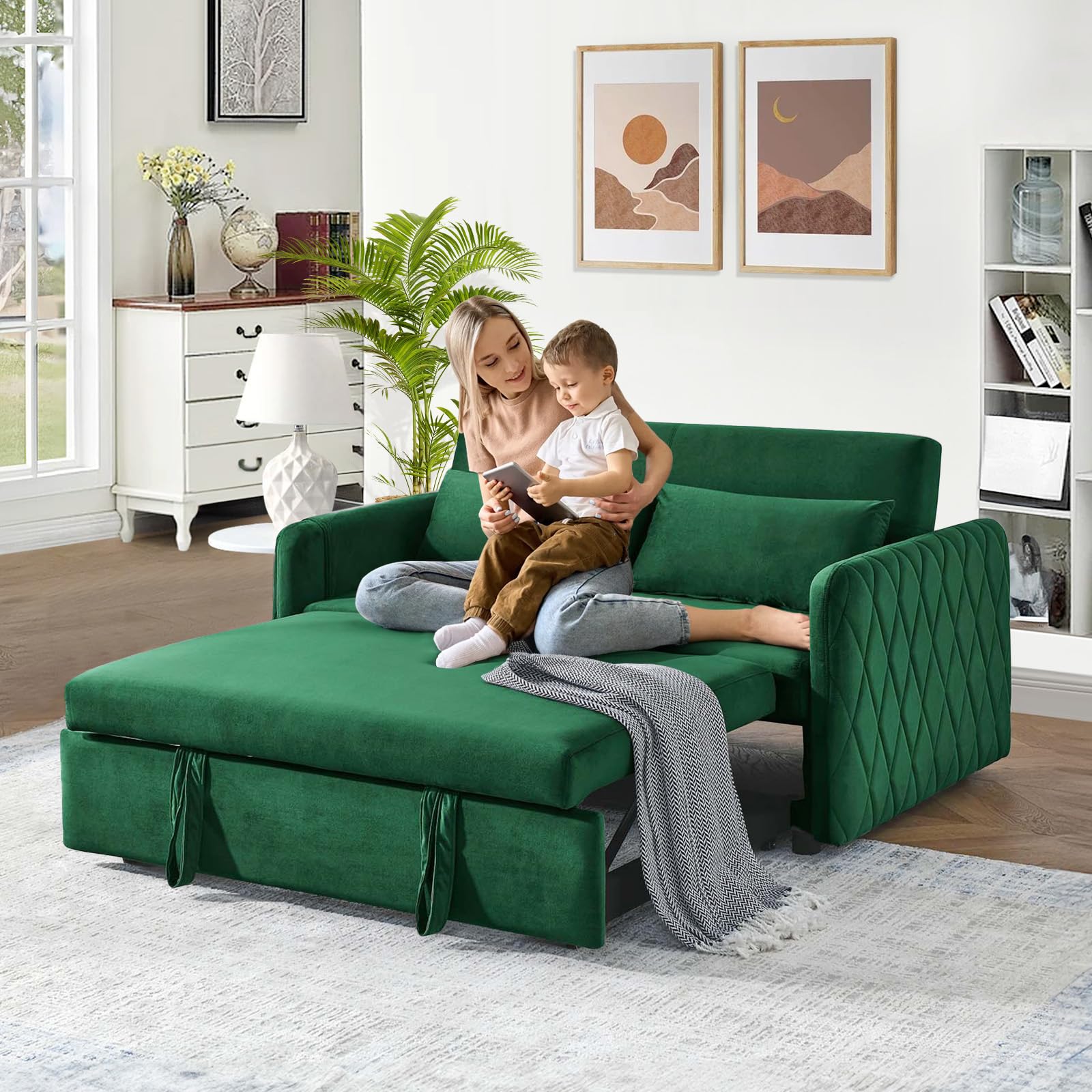 JEEOHEY 3 in 1 Convertible Sleeper Sofa Couch with Pull Out Bed,55" Modern Velvet Sofa Bed with Ajustable Backrest & Side Pocket,Tufted Loveseat Chaise Lounge for Livingroom,Office,Small Palces(Green)