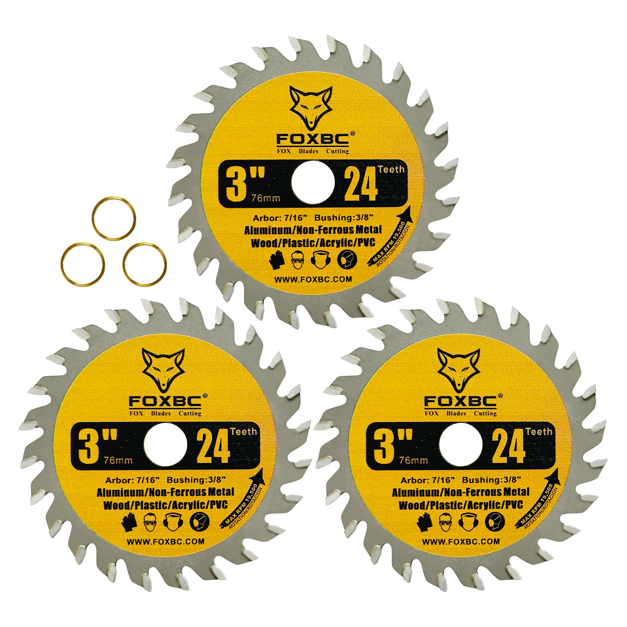 FOXBC 3 Inch Circular Saw Blade 24T Carbide Cuts for Wood, Plastic, PVC, Acrylic, Aluminum with 7/16" Arbor, Compatible with Dewalt, Dremel, Ryobi, Worx, Milwaukee, Ultra-Saws, RotoZip Saws - 3 Pack