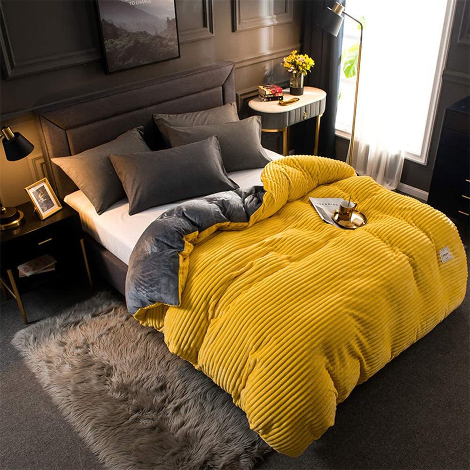 ONDIAN Soft Corduroy Duvet Cover Set Queen Size,Thicken Double Sided Velvet Comforter Cover with 2 Pillowcase Winter Twin Quilt Cover with Zipper-Yellow 240x220cm(94.5x86.inch)