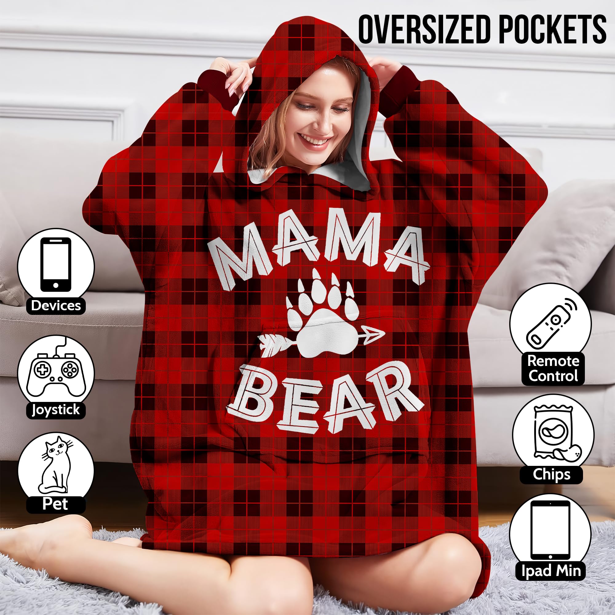 Warmstorey Mama Bear Wearable Blanket Hoodie, Buffalo Plaid Mama Bear Hooded Blanket for Mom, Christmas Gifts for Mom, Wife From Daughter, Son, Husband, Happy Birthday Mom Gift, Birthday Gift for Wife