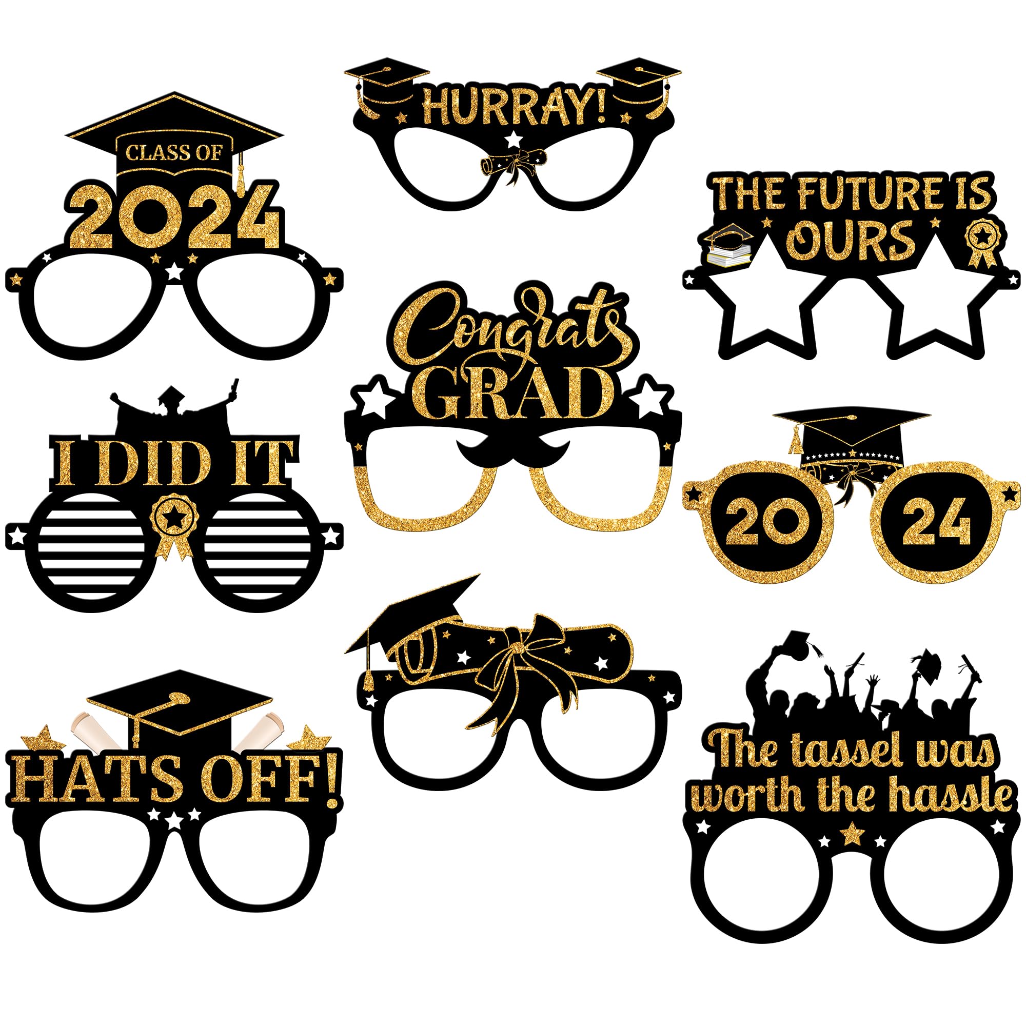 KatchOn, Graduation Photo Booth Props 2024 - Pack of 9 | Black and Gold Graduation Glasses Class of 2024 | Graduation Party Glasses for Graduation Party Decorations 2024 | Graduation Party Favors 2024