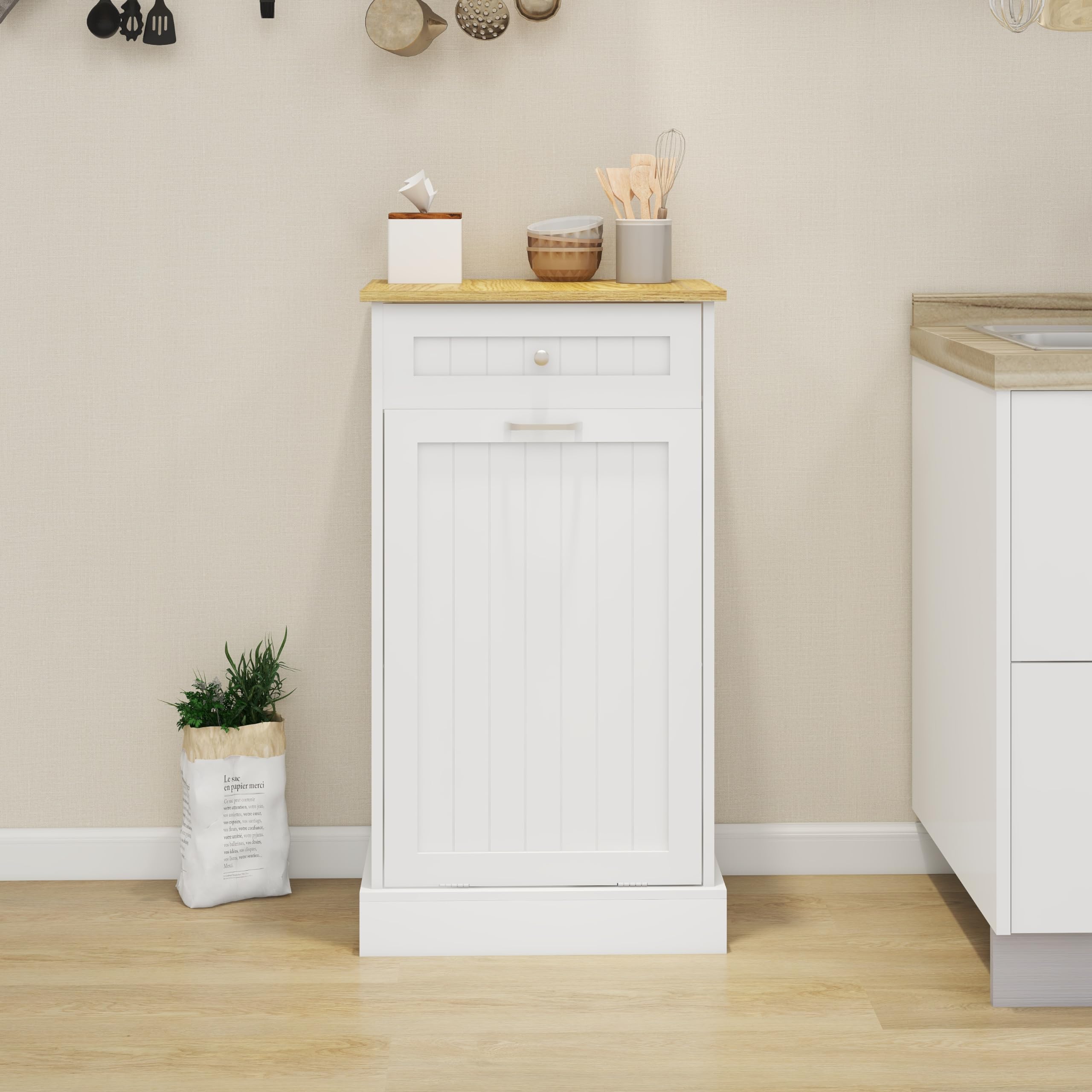 ELEMENT ACE 10 Gallon Tilt Out Trash Cabinet Kitchen Island Multi Functional Storage Easy Assembly Stylish and Durable White