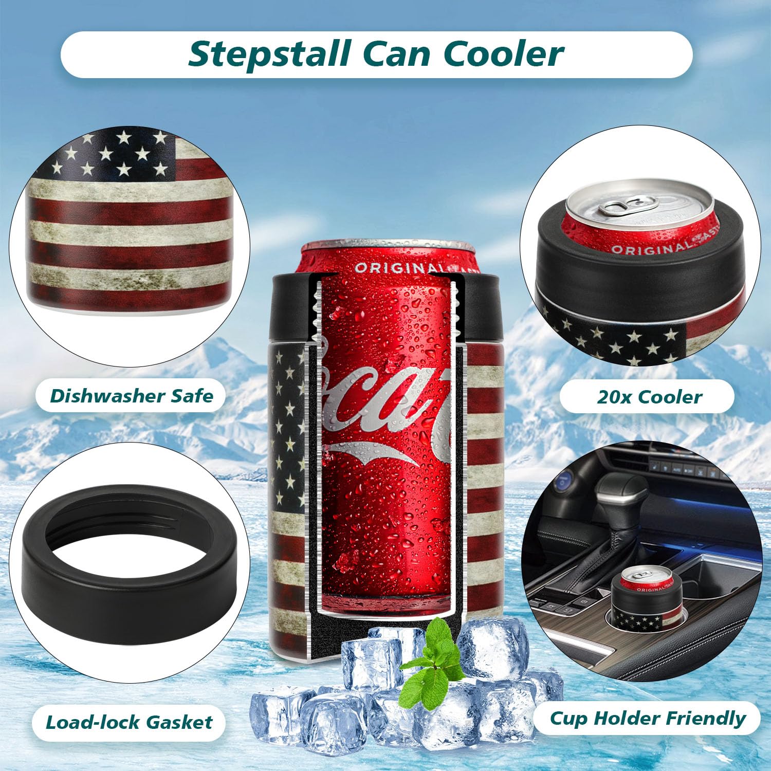 Stepstall Can Cooler Beer Bottle Holder with Beer Opener, 4-in-1 Design Slim Can Beer Bottle Insulators, Double Walled Stainless Steel Insulated, 12 OZ Beer Gifts for Men Boys Father(American Flag)