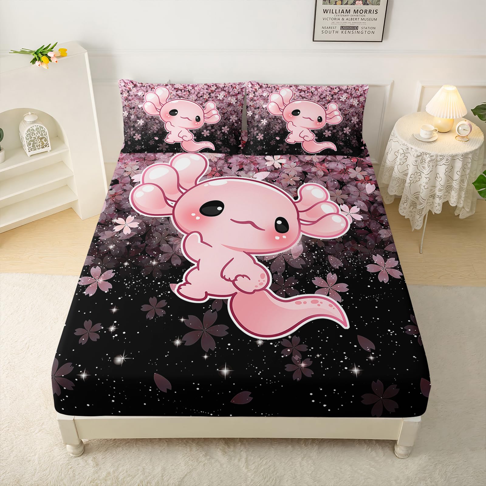 QOOMO Kawaii Axolotl Bedding for Boys and Girls Pink Cherry Blossom Super Soft Kids Bedding Set Sparkling Stars Breathable Room Decoration Twin Size 1 Fitted Sheet, 1 Flat Sheet, 2 Pillow Cases