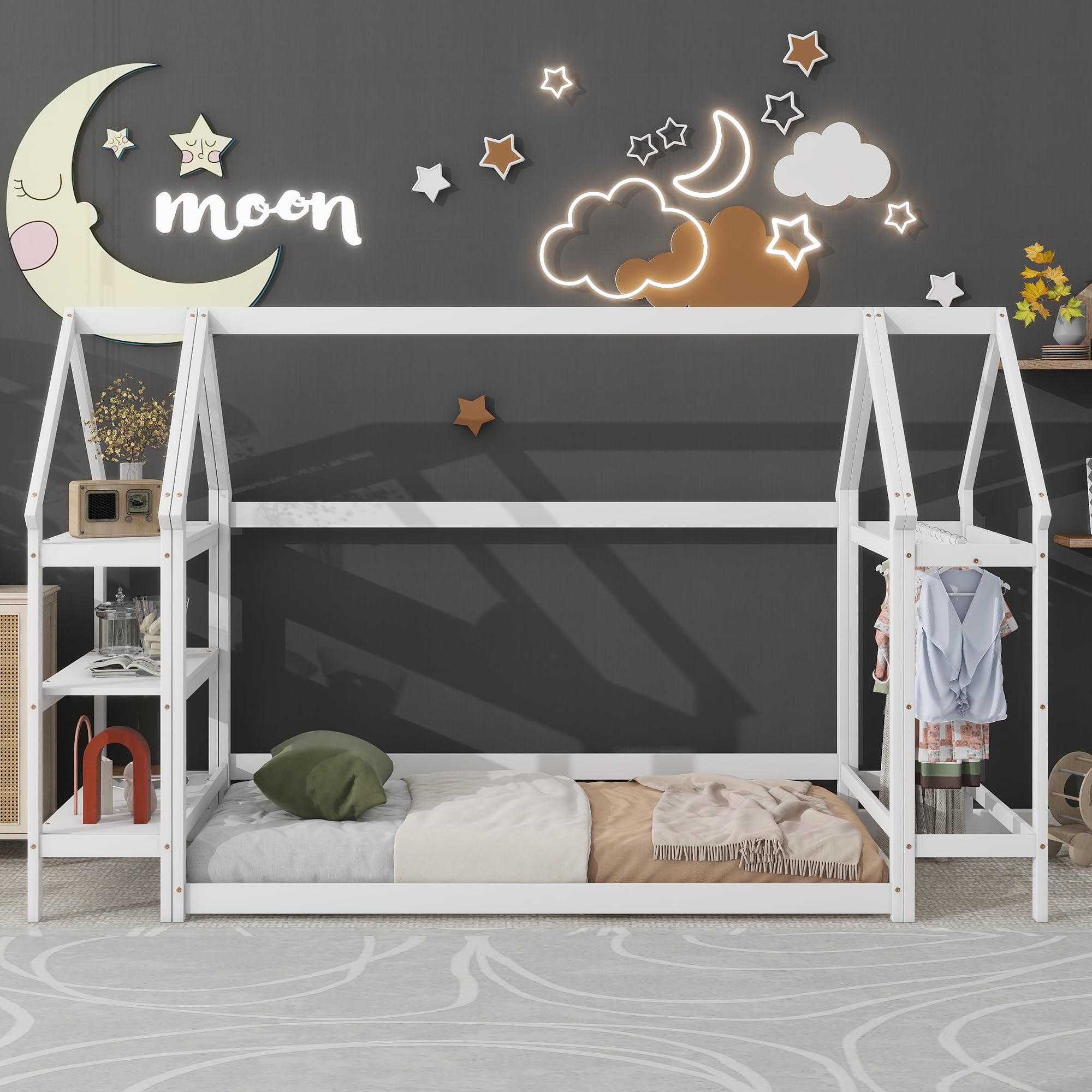 Mirightone Twin House Bed for Kids Montessori Floor Bed with Storage Shelves Twin Size Kids Bed Frame with 2 Detachable Stands Wood House Bed for Girls Boys Children, White