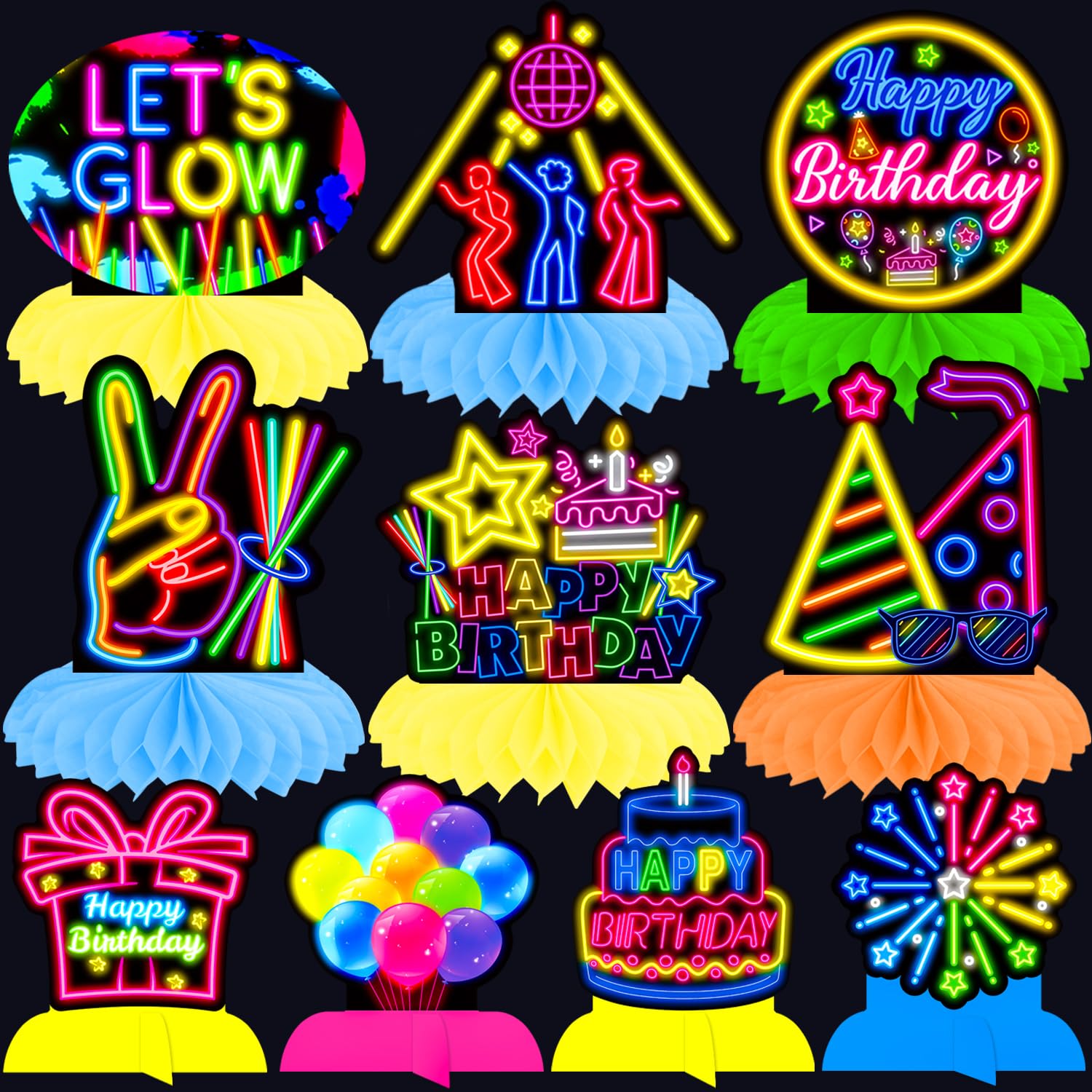 Glow Neon Honycomb Centerpieces 13Pcs Glow Birthday Party Decorations Neon Party Centerpieces for Table Neon Birthday Party Supplies Glow in The Dark Decoration Let's Glow Crazy Baby Shower Supplies