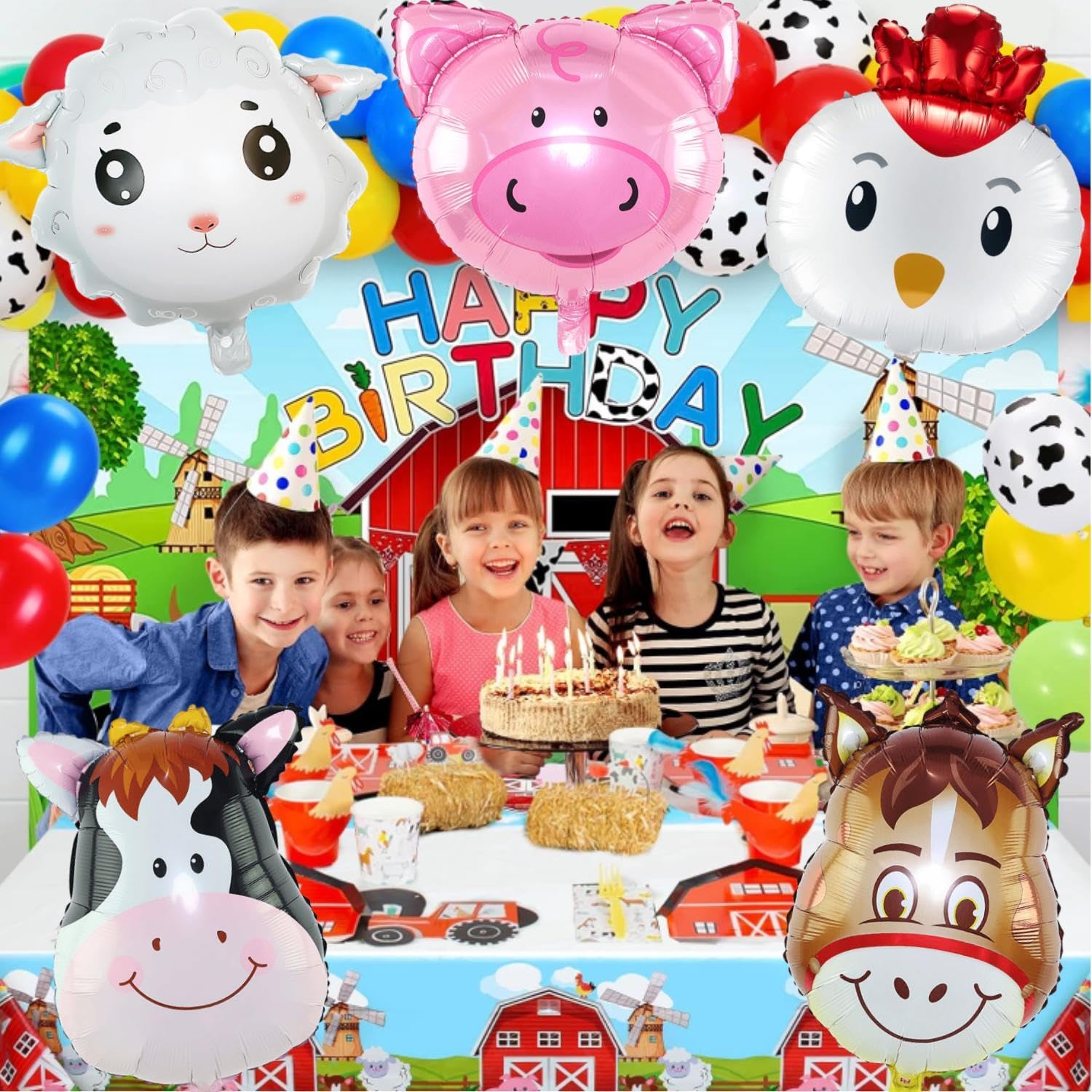 XLENGO 5 PCS Farm Animal Balloons, Cow Donkey Sheep Pig Chicken Foil Mylar Balloon for Baby Shower Farm Birthday Party Decorations Supplies