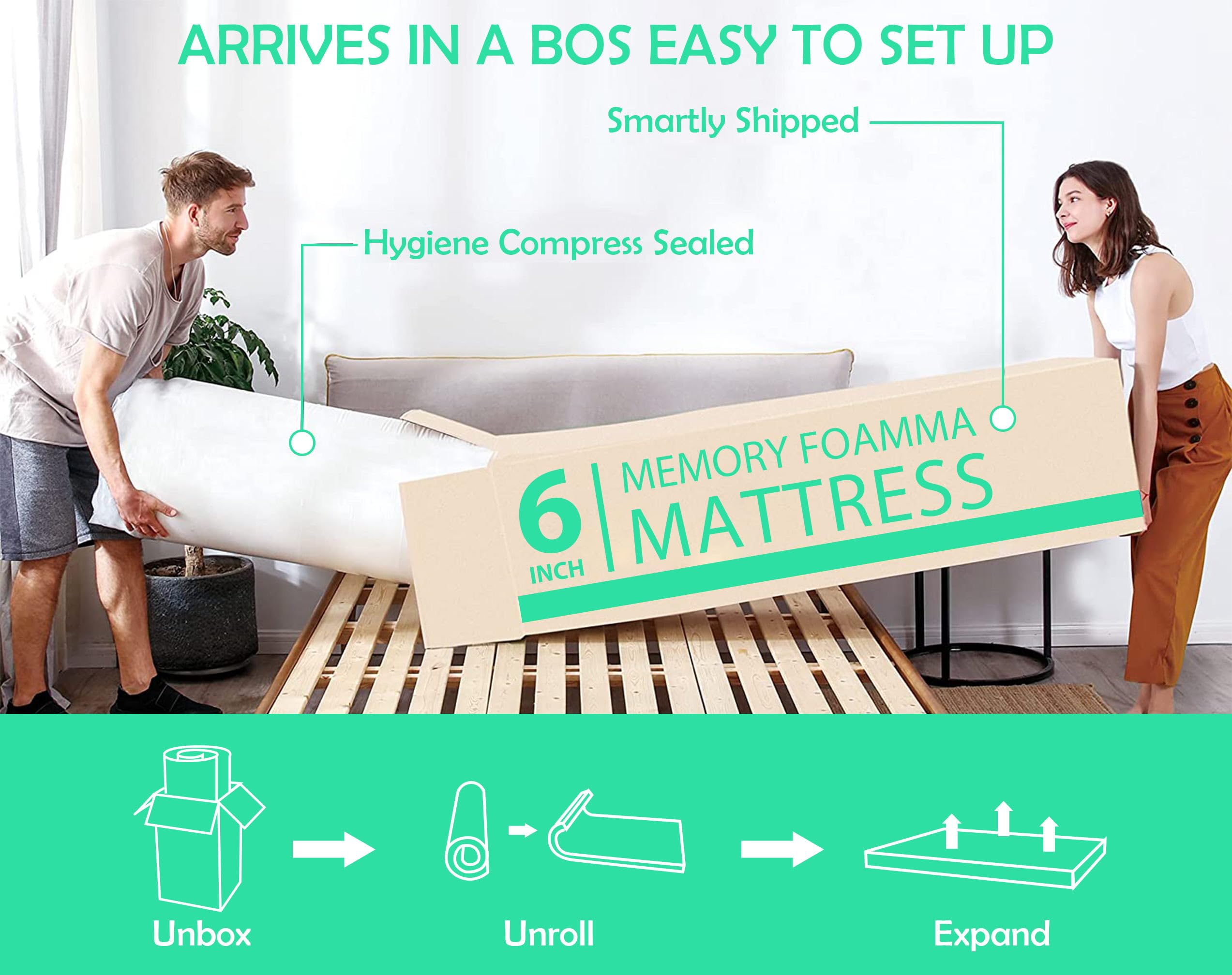 HWGEBY 6 Inch King Size Mattress, King Mattress Bamboo Charcoal Gel Infused Mattress, Green Tea Mattress Certipur US Certified, King Mattress in a Box Firm Mattress for Sleep and Pressure Relief