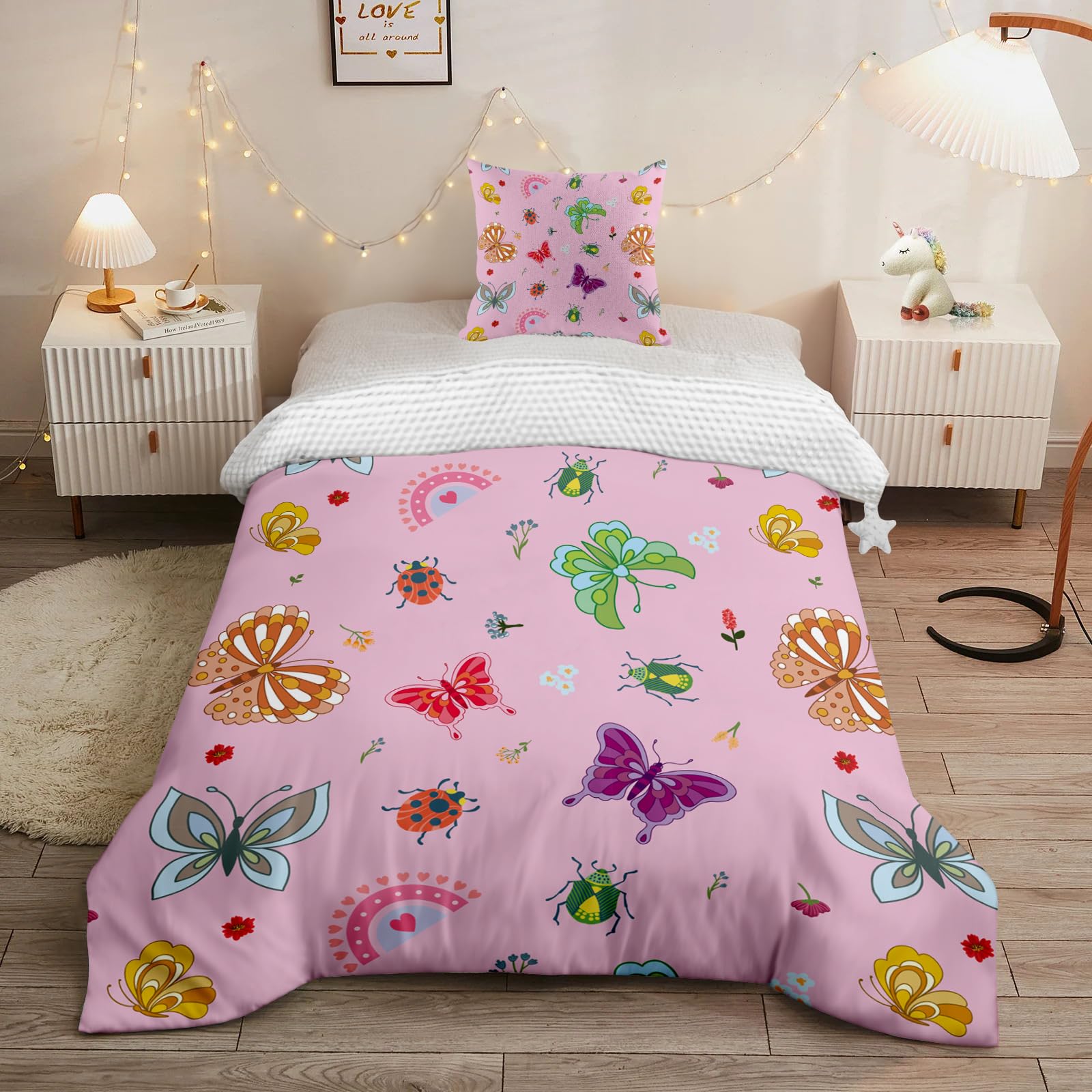 Toddler Pink Duvet Cover, 40×60 Inch Kids Duvet Cover for Girls, Soft Comforter Cover Quilt Cover with Butterfly Printed, Dotted Backing Zipper Boho Duvet Cover