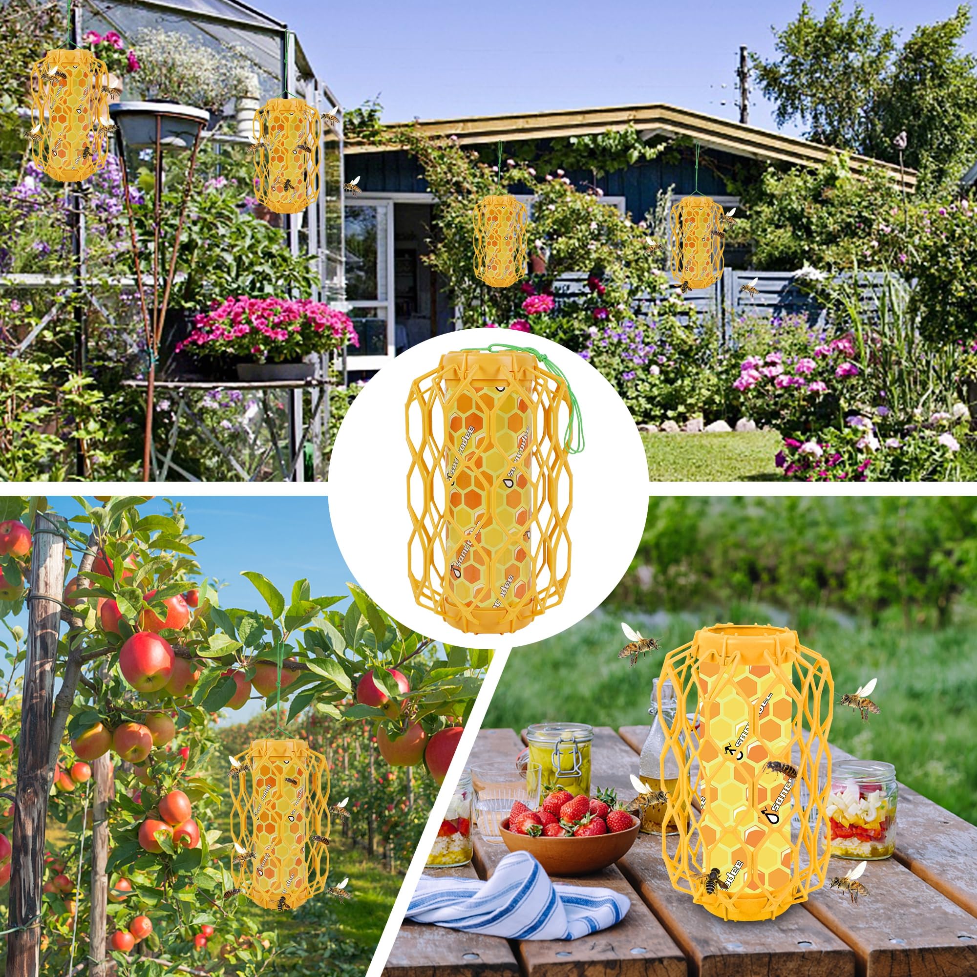 Sancodee 4 Pcs Wasp Trap Outdoor Hanging, Insect Catcher for Wasps and Carpenter Bees, Bee Killer Sticky Bug Boards Yellow Jacket Trap with Bait Reservoir, Non-Toxic Reusable Wasp Hornet Trap (Orange)