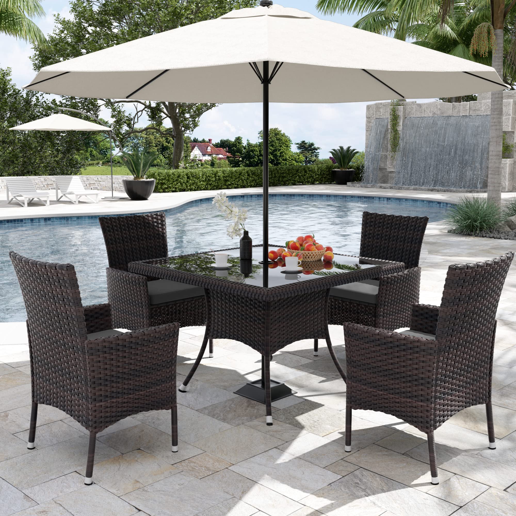 Delnavik 5PCS Patio Outdoor Dining Set, Wicker Patio Furniture Set of 4 Rattan Chairs with Soft Cushions and Square Table with Umbrella Cutout, Grey