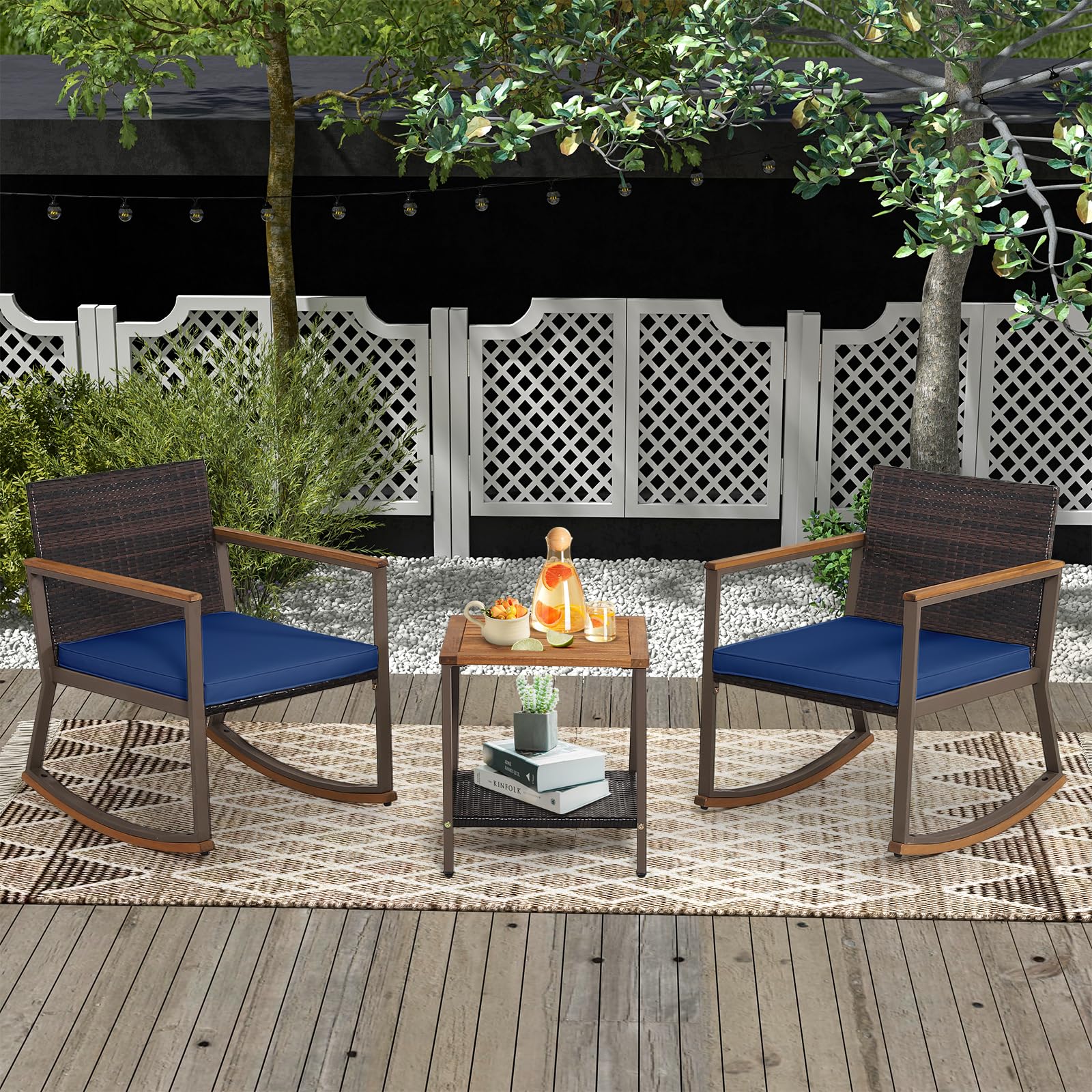 HAPPYGRILL 3 Pieces Rocking Bistro Set, Outdoor PE Wicker Rocking Chair with Coffee Table, Soft Seat Cushions Included, Gentle & Smooth Rocking Furniture Set for Yard Porch