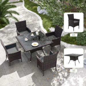 Delnavik 5PCS Patio Outdoor Dining Set, Wicker Patio Furniture Set of 4 Rattan Chairs with Soft Cushions and Square Table with Umbrella Cutout, Grey