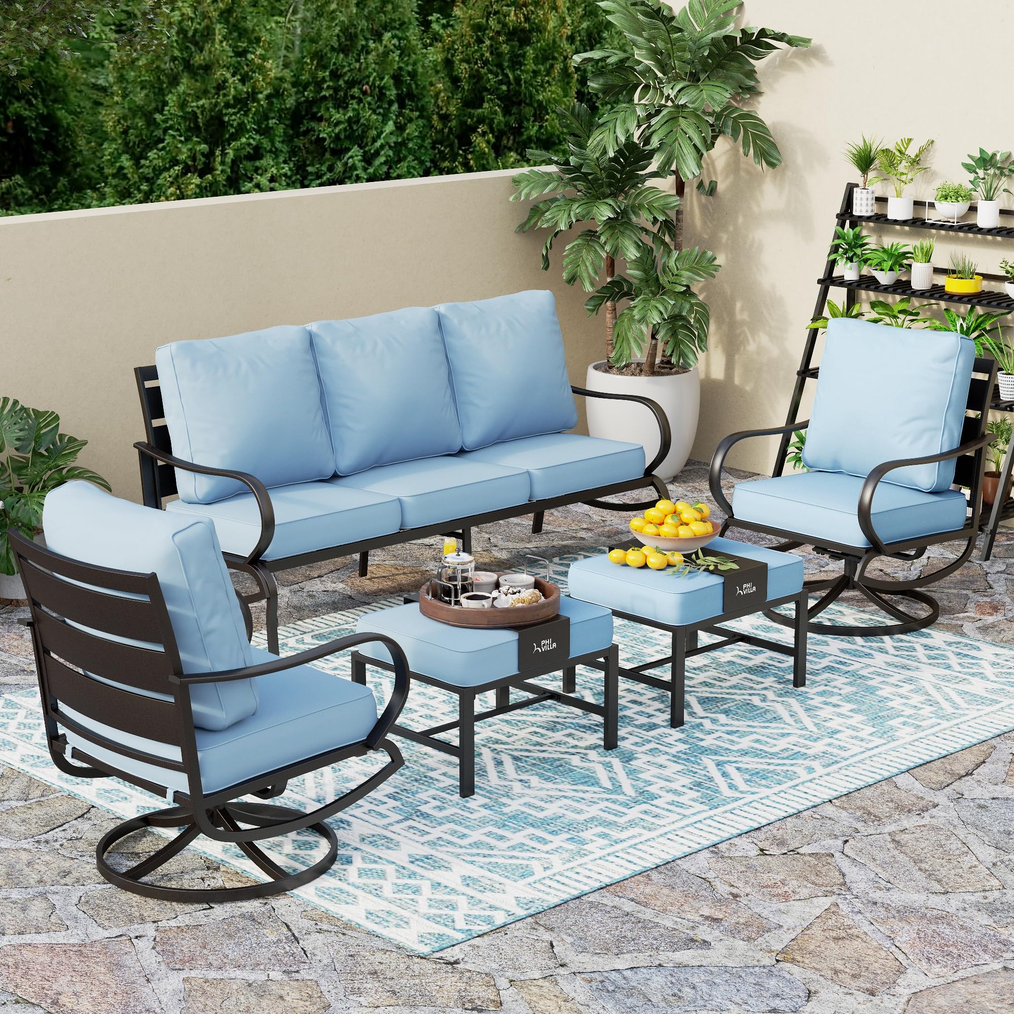 PHI VILLA 5 PCS Patio Furniture Set,Metal Deluxe Patio Set with 1 x 3 Seater Deep Seating Bench, 2 x Swivel Sofa Chairs & 2 x Metal Cushioned Ottoman, Outdoor Patio Set for Garden, Light Blue